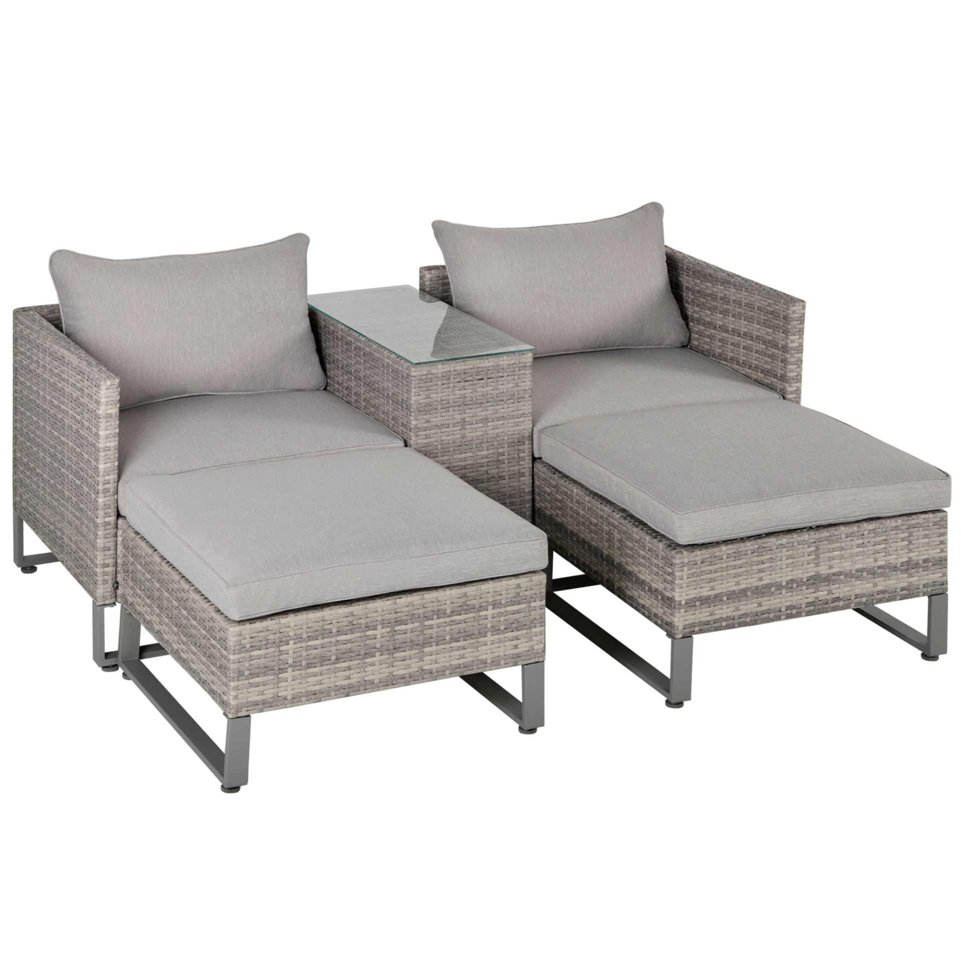 Outsunny 5pcs Patio Rattan Wicker Sofa Set Chaise Lounge Double Sofa Bed Furniture w/ Coffee Table & Footstool for Patios, Garden, Backyard, Grey - Sudd