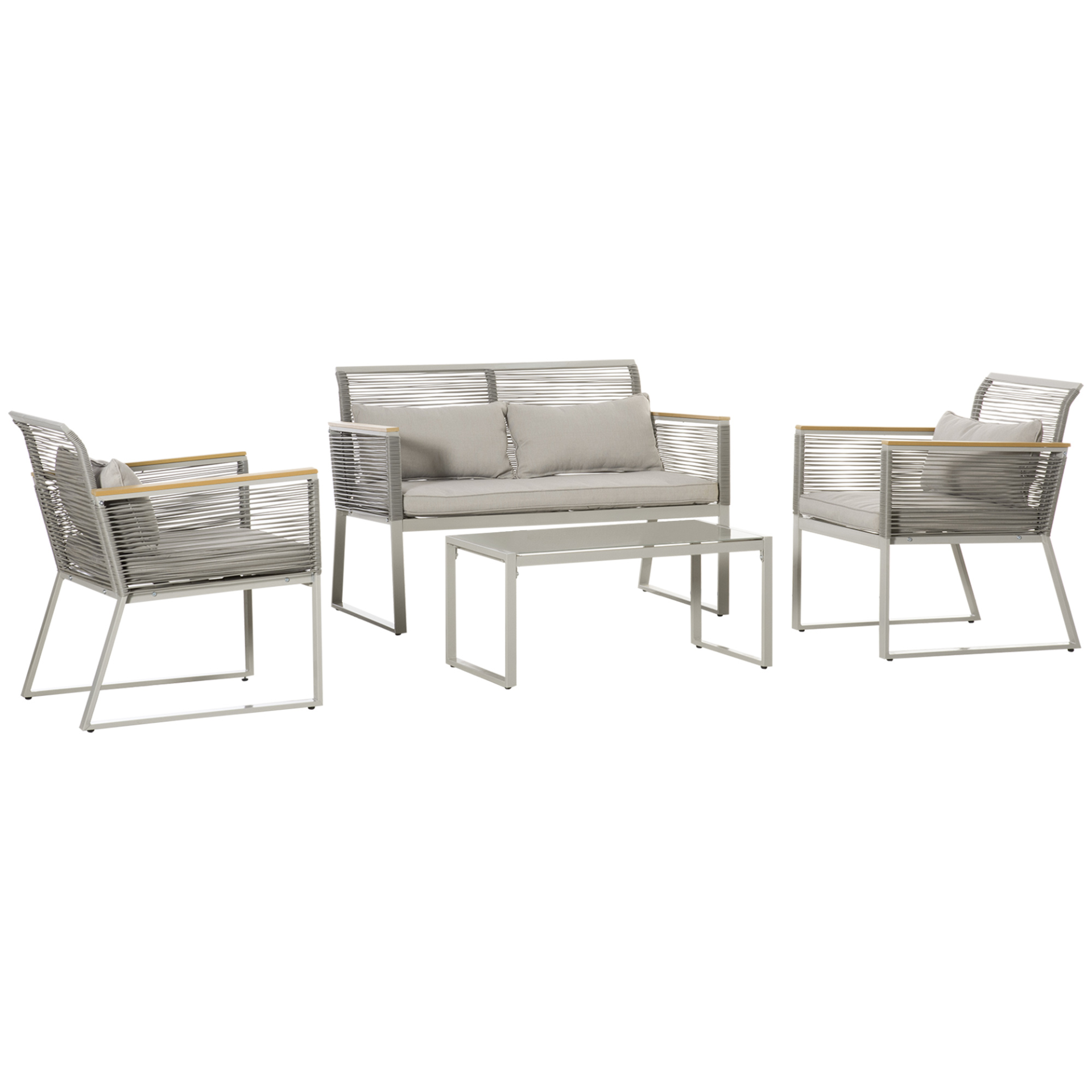 Outsunny 4 Pieces Patio Wicker Sofa Set, Outdoor Metal Frame Wrapped Round PE Rattan Conservatory Furniture, w/ Cushions, Pillows & Tempered Glass Table for Backyard, Garden, Grey - Sudd