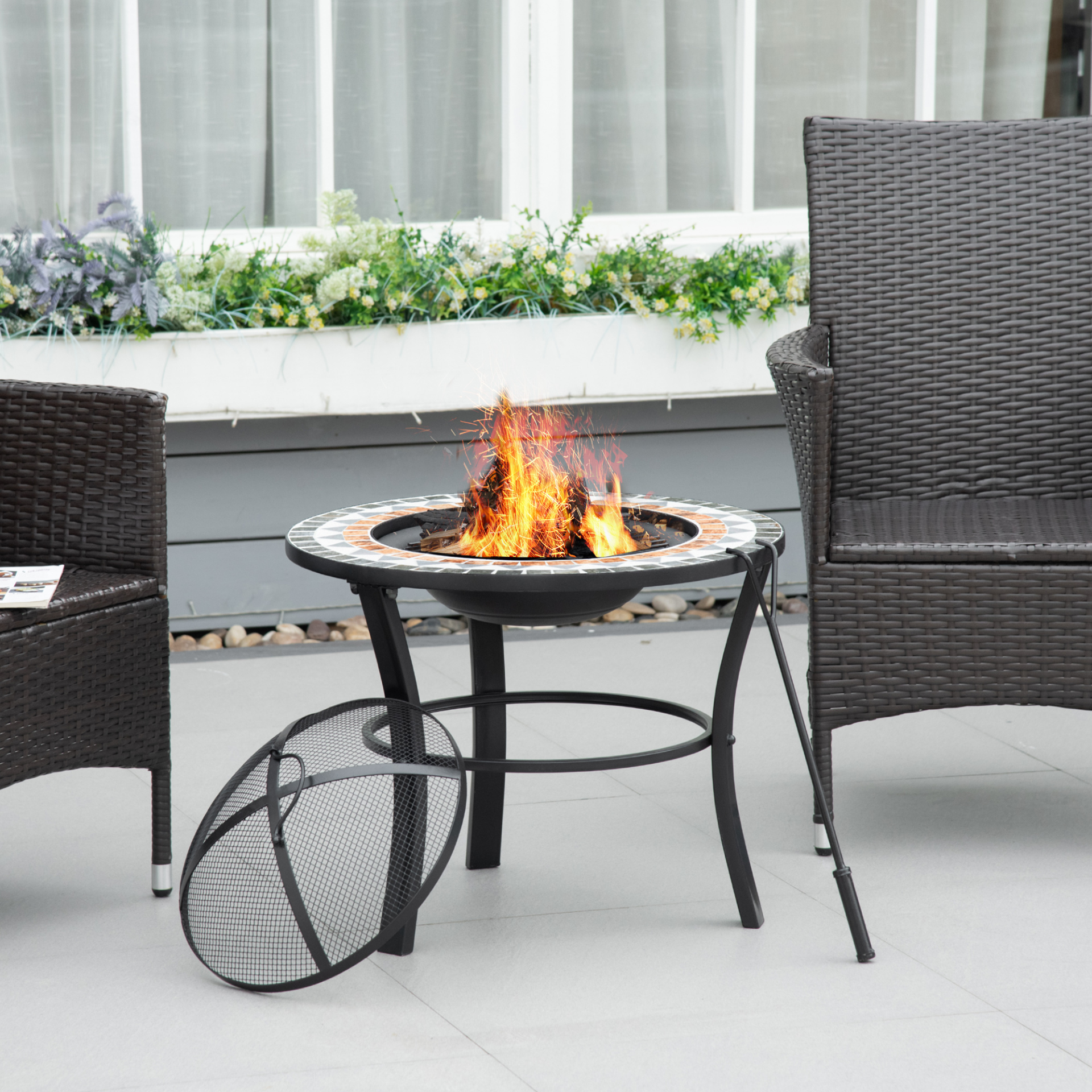 Outsunny 60cm Outdoor Fire Pit Table with Mosaic Outer, Round Firepit with Spark Screen Cover, Fire Poker for Garden Bonfire Party - Sudd
