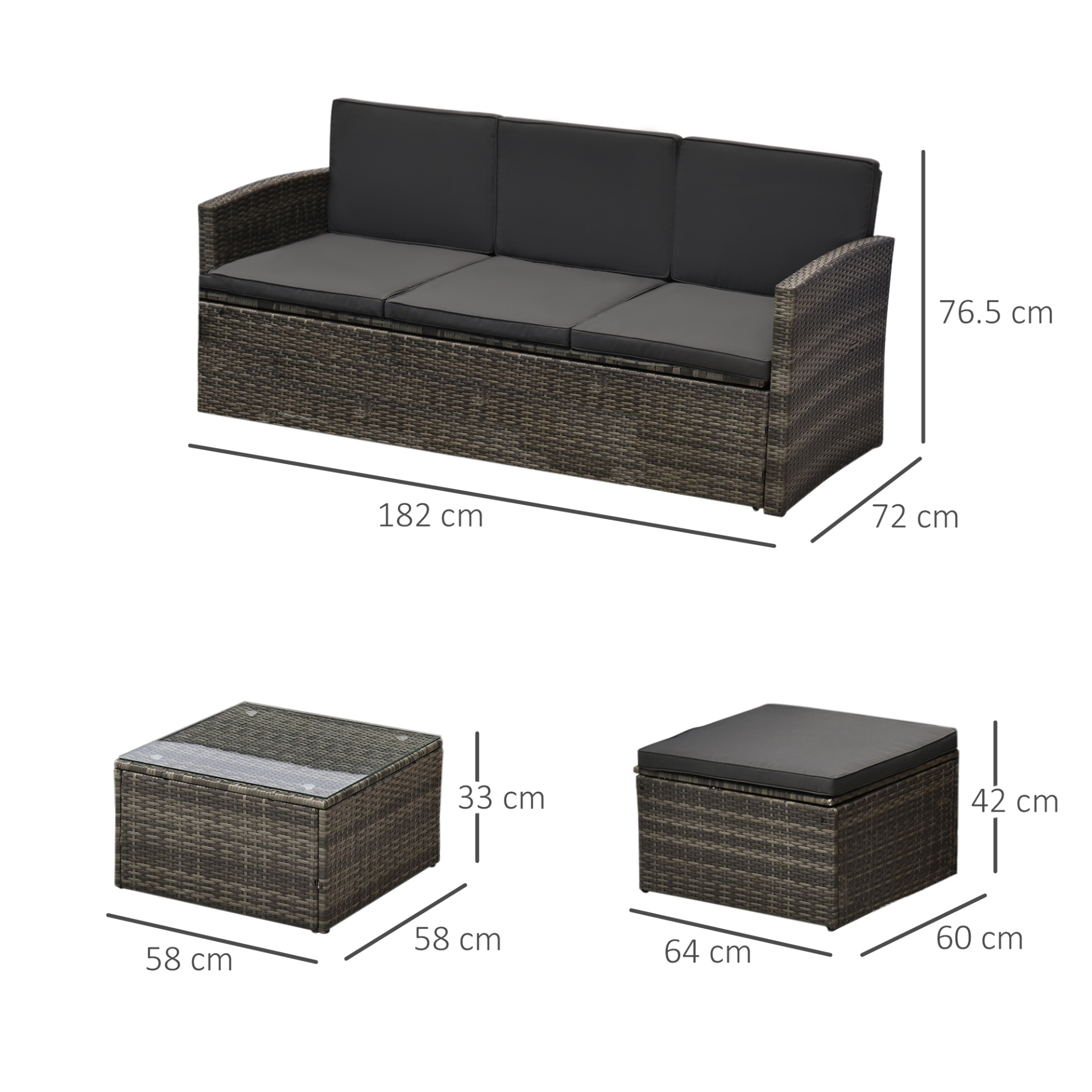 Outsunny Rattan Garden Furniture Outdoor Patio 4 Seater Corner Sofa and Coffee Table Set Footstool with Thick Cushions Grey - Sudd