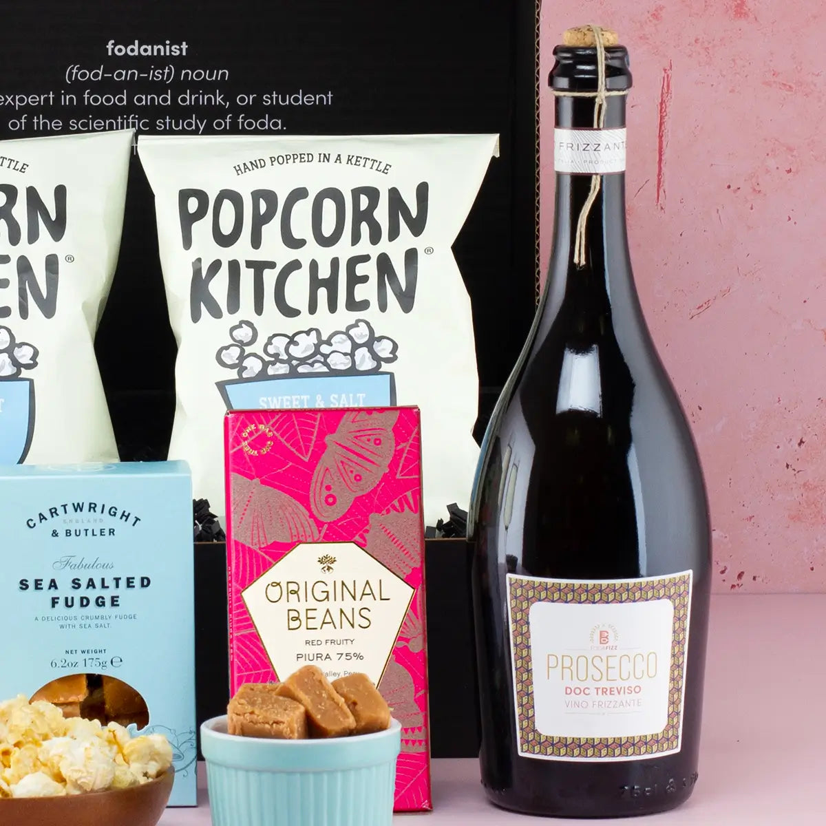 Prosecco, Popcorn, and Fudge Gift Hamper - Sudd