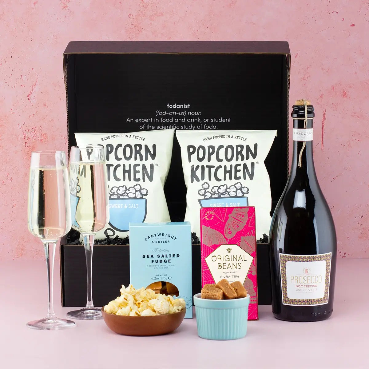 Prosecco, Popcorn, and Fudge Gift Hamper - Sudd