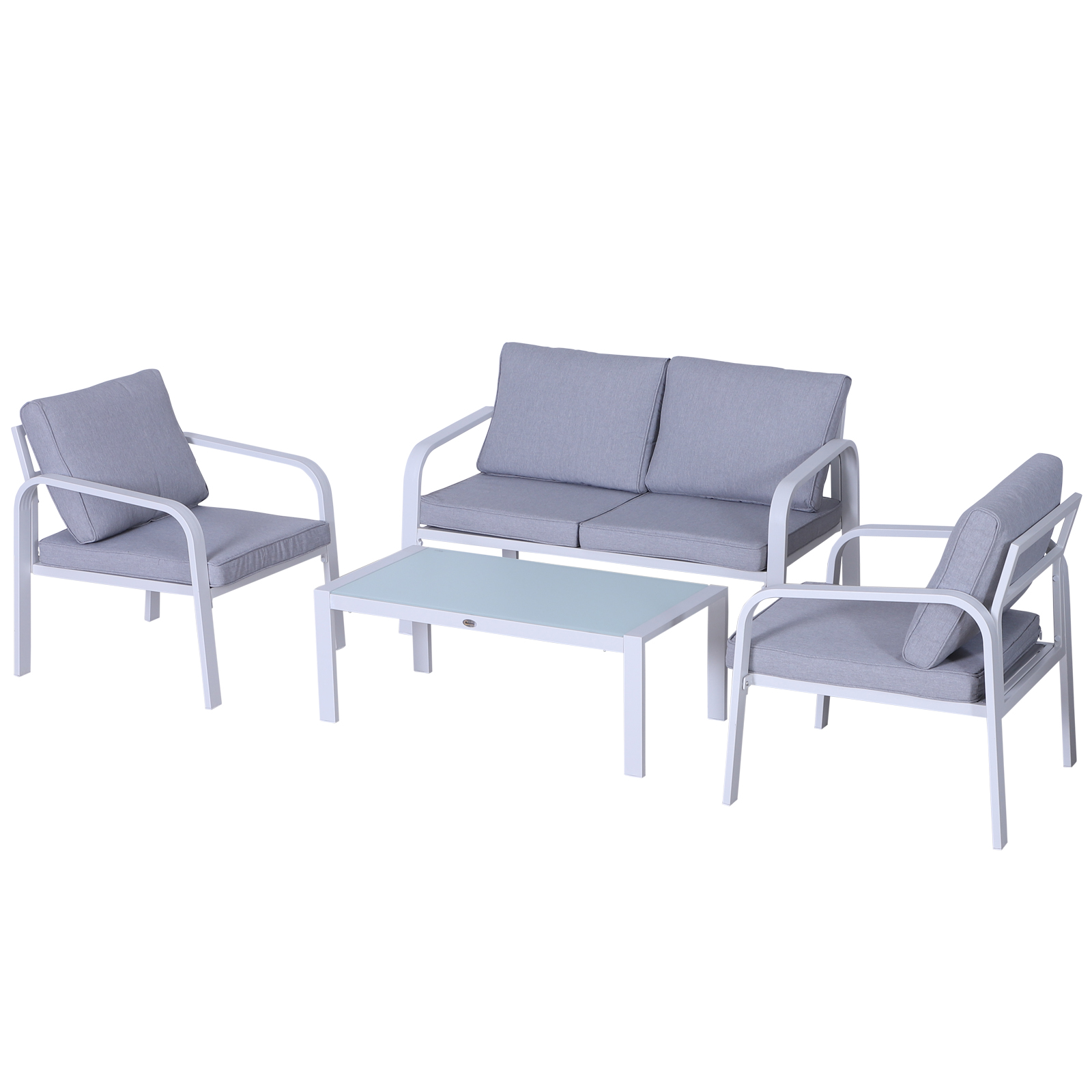 Outsunny 4pcs Garden Sofa Set 2 Single Armchair, 1 Bench & 1 Coffee Table Set Aluminum Frame Patio Furniture with Cushions, White - Sudd