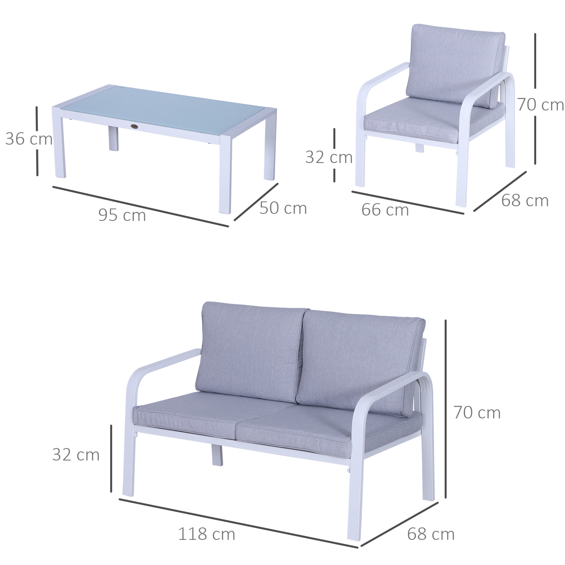 Outsunny 4pcs Garden Sofa Set 2 Single Armchair, 1 Bench & 1 Coffee Table Set Aluminum Frame Patio Furniture with Cushions, White - Sudd