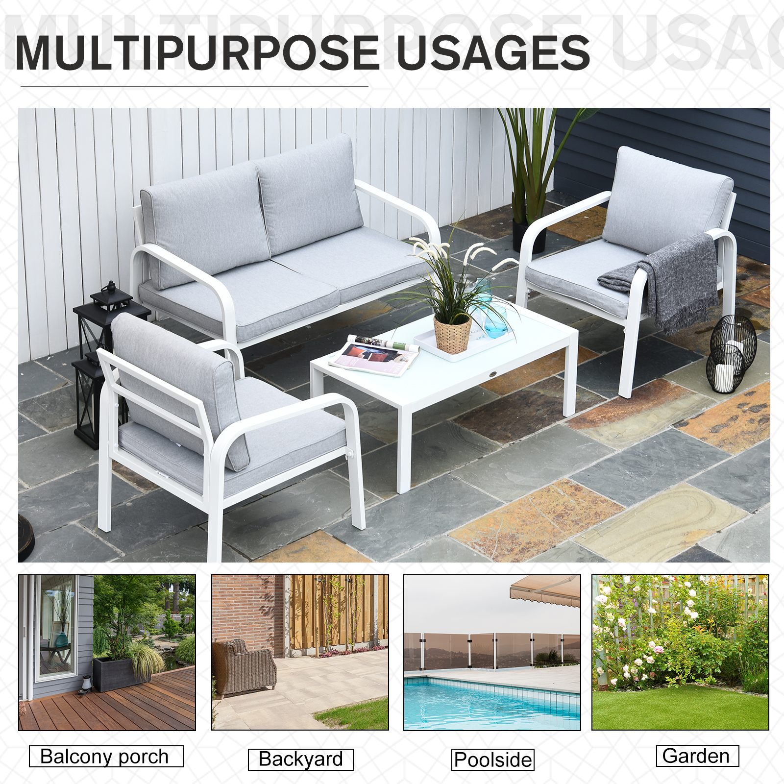 Outsunny 4pcs Garden Sofa Set 2 Single Armchair, 1 Bench & 1 Coffee Table Set Aluminum Frame Patio Furniture with Cushions, White - Sudd