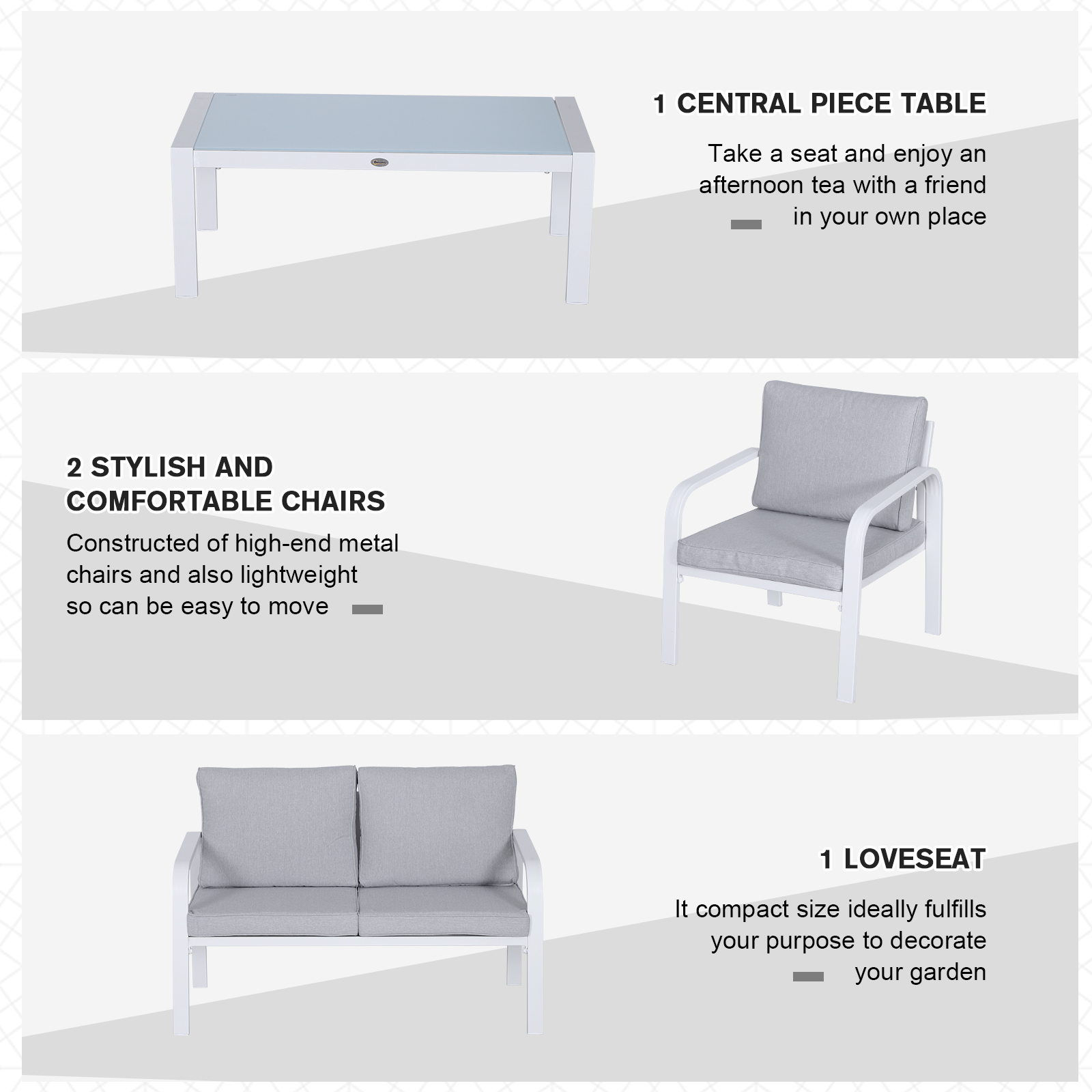 Outsunny 4pcs Garden Sofa Set 2 Single Armchair, 1 Bench & 1 Coffee Table Set Aluminum Frame Patio Furniture with Cushions, White - Sudd