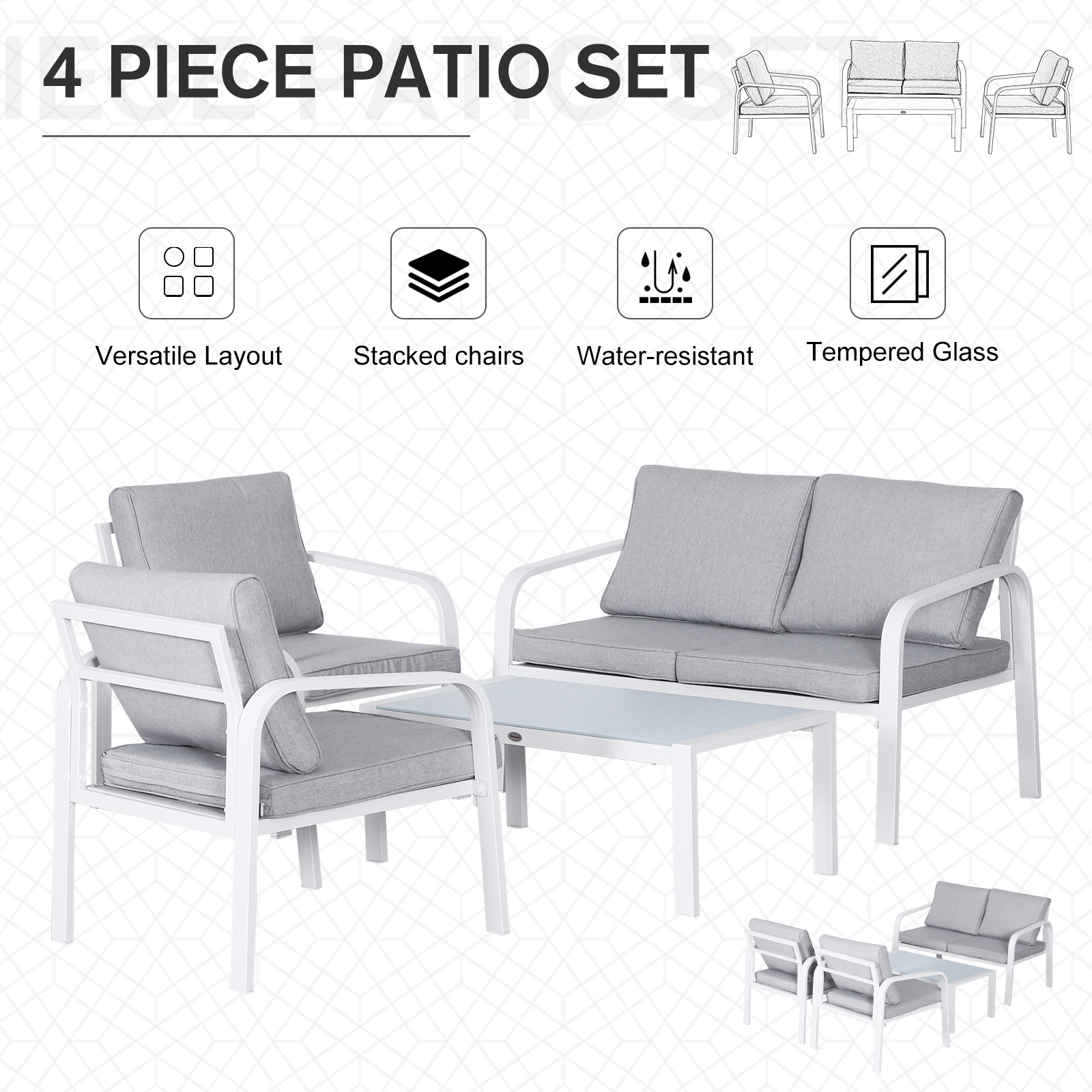 Outsunny 4pcs Garden Sofa Set 2 Single Armchair, 1 Bench & 1 Coffee Table Set Aluminum Frame Patio Furniture with Cushions, White - Sudd