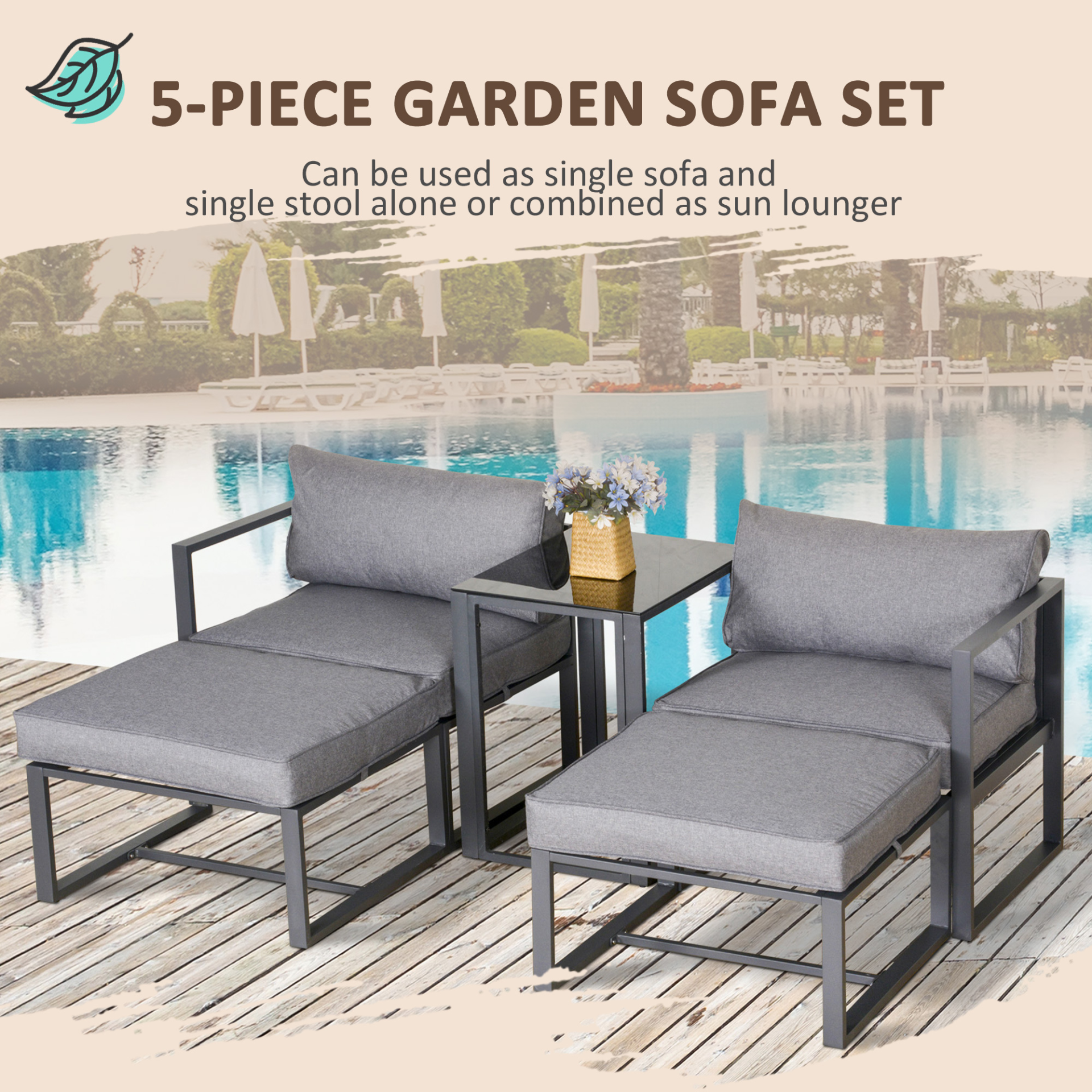 Outsunny 5 Piece Garden Aluminium Conversation Sofa Set Patio Furniture Set Outdoor 2 Sofas 2 Footstools End Table with Cushions - Sudd