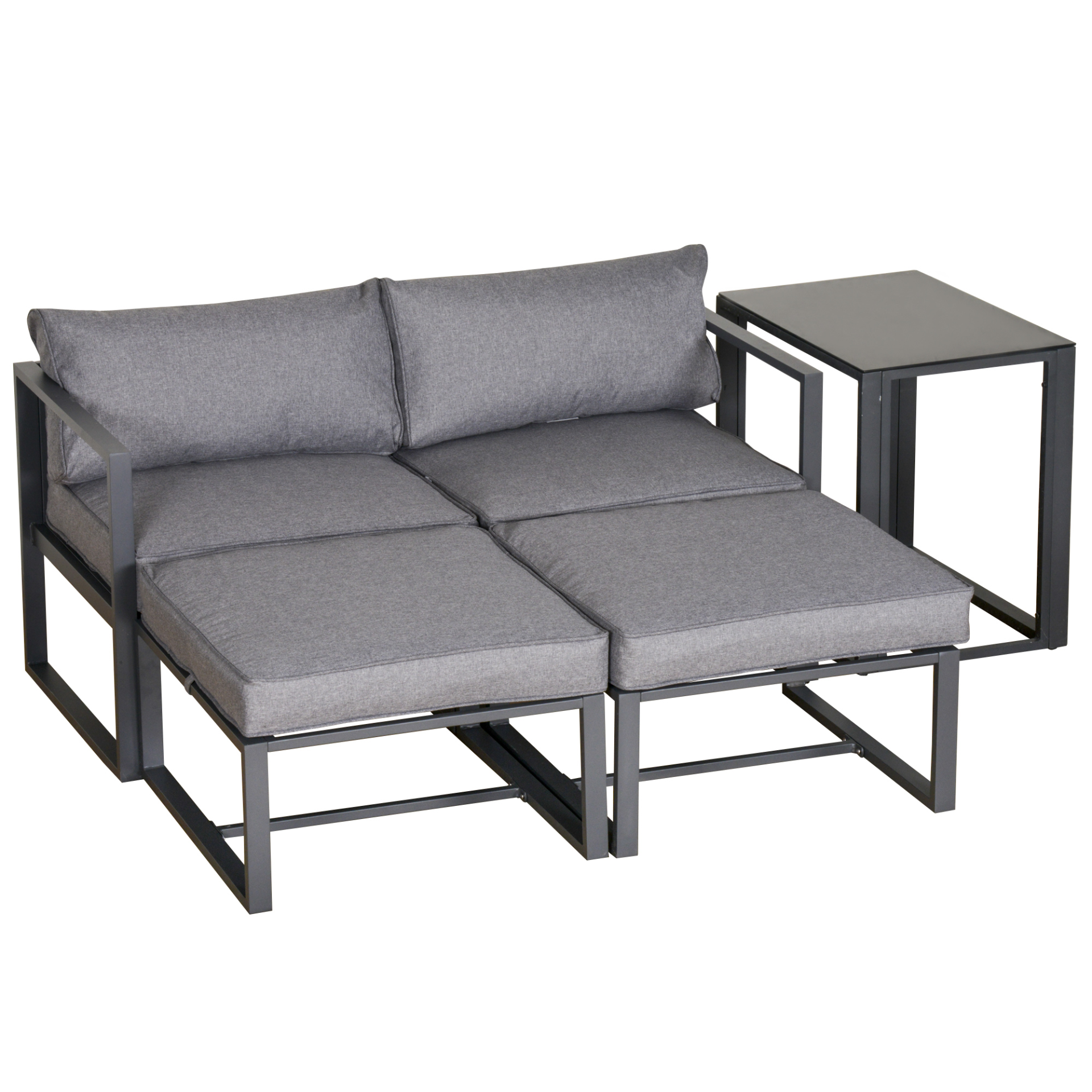 Outsunny 5 Piece Garden Aluminium Conversation Sofa Set Patio Furniture Set Outdoor 2 Sofas 2 Footstools End Table with Cushions - Sudd