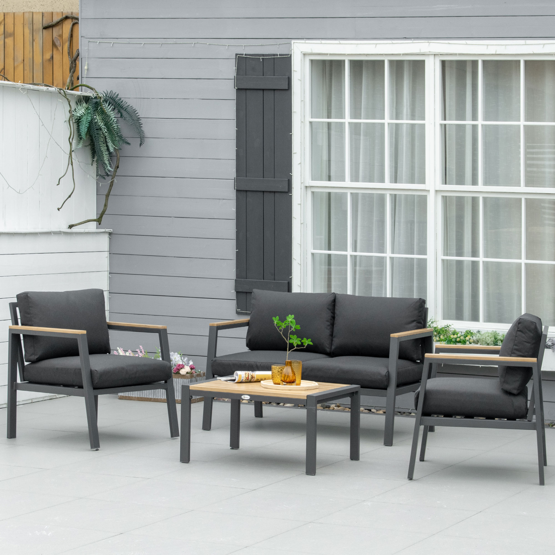 Outsunny 4 Piece Garden Sofa Set with Padded Cushions, 4-Seater Aluminium Outdoor Conversation Furniture Set with Coffee Table, Grey - Sudd