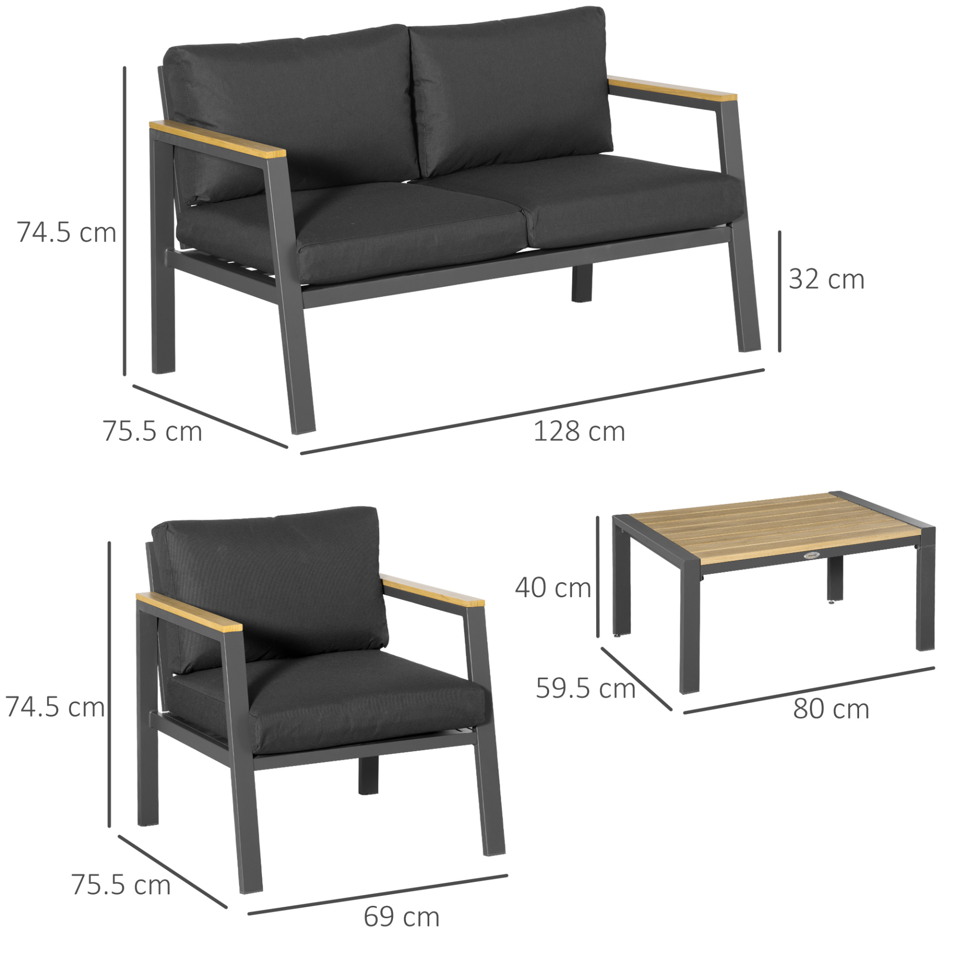 Outsunny 4 Piece Garden Sofa Set with Padded Cushions, 4-Seater Aluminium Outdoor Conversation Furniture Set with Coffee Table, Grey - Sudd