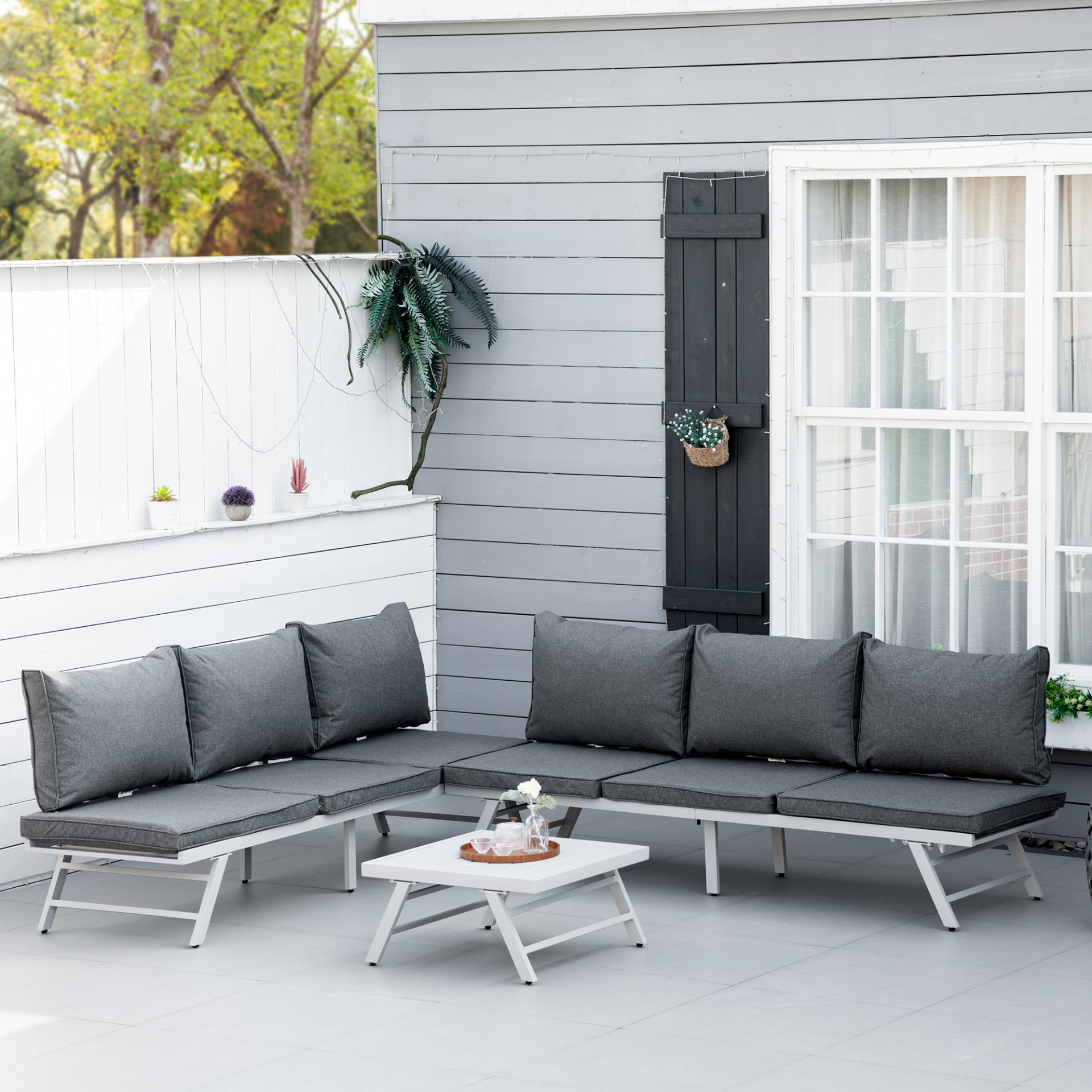 Outsunny 3 Pcs Garden Seating Set w/ Convertible Sofa Lounge Table Padded Cushions Outdoor Patio Furniture Couch Grey - Sudd