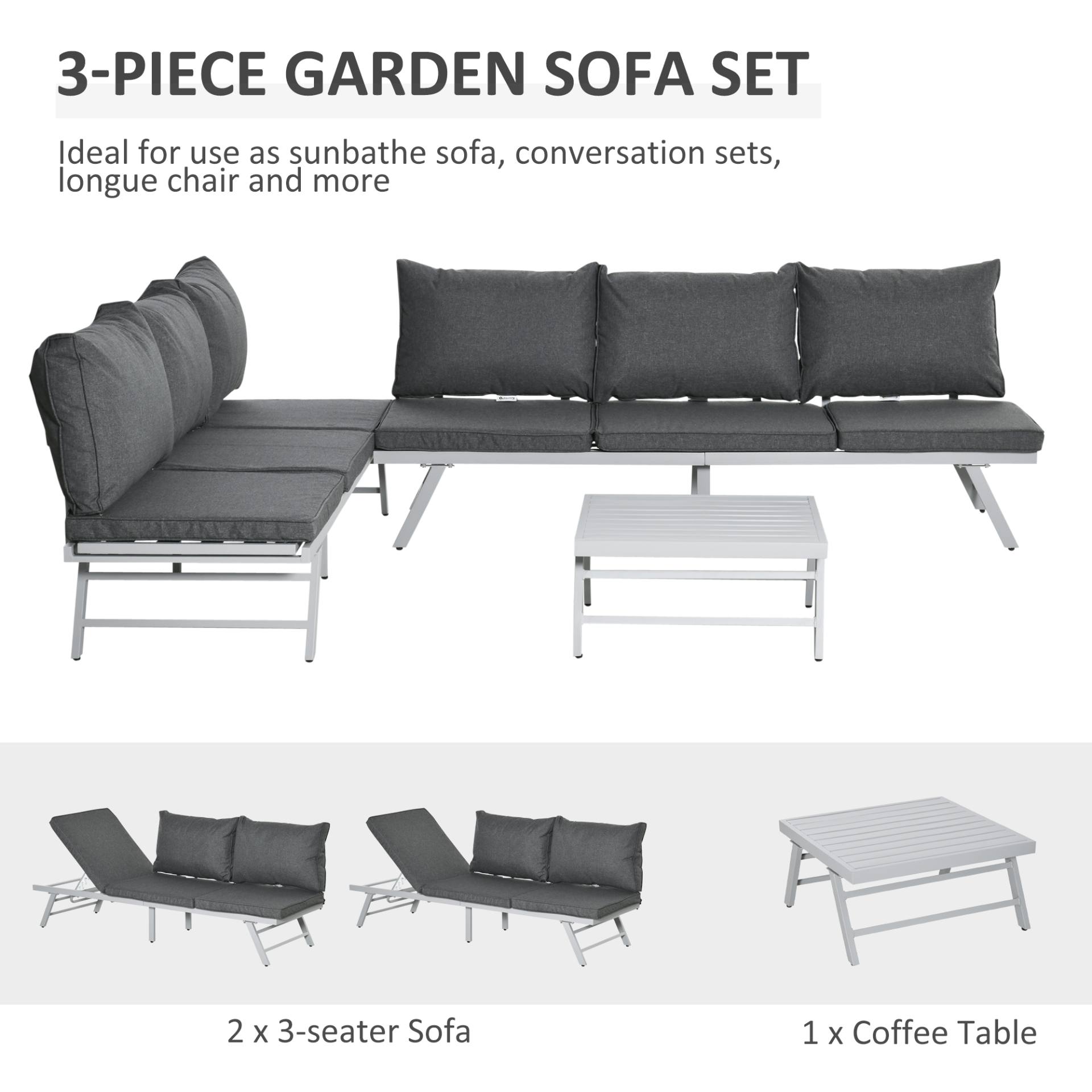 Outsunny 3 Pcs Garden Seating Set w/ Convertible Sofa Lounge Table Padded Cushions Outdoor Patio Furniture Couch Grey - Sudd