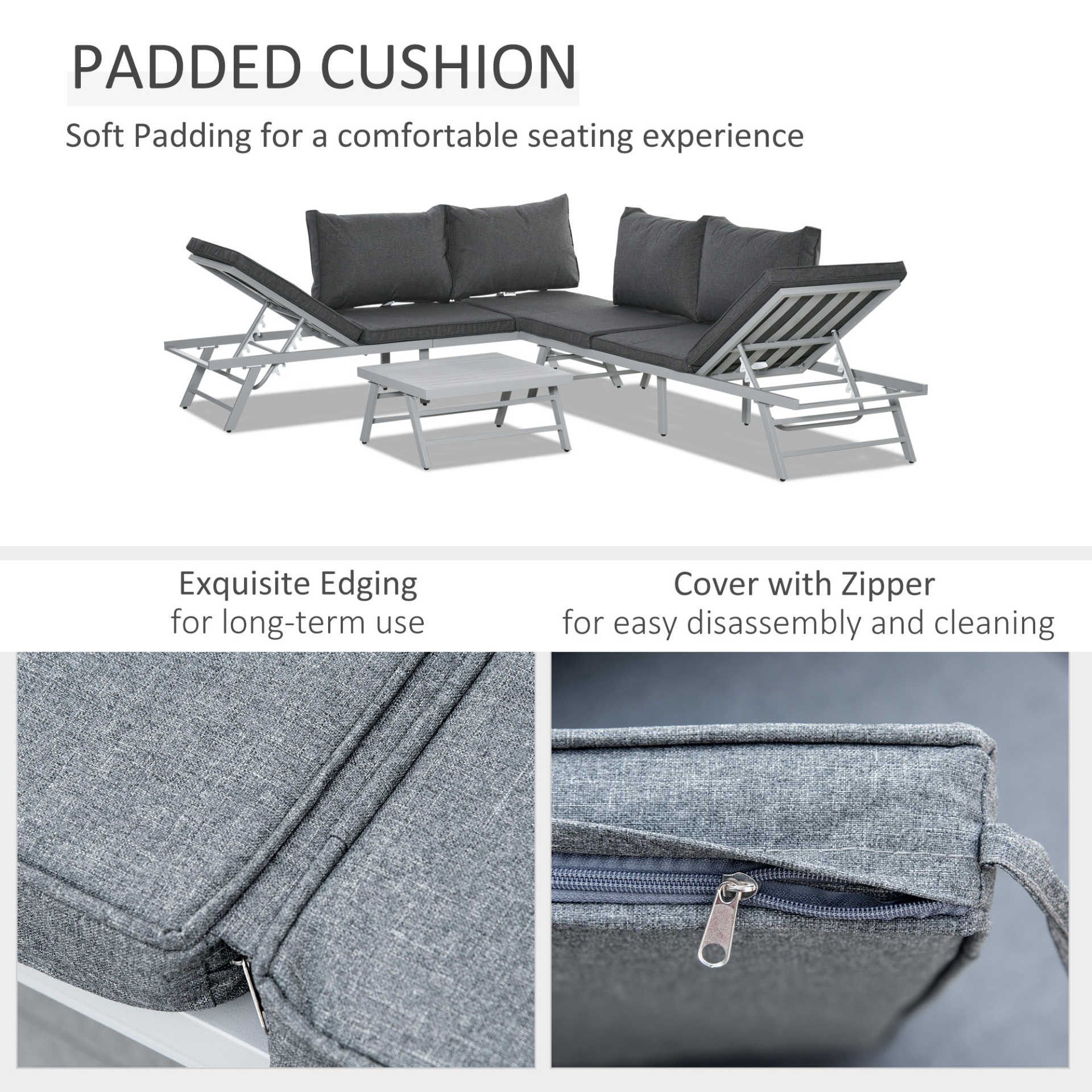 Outsunny 3 Pcs Garden Seating Set w/ Convertible Sofa Lounge Table Padded Cushions Outdoor Patio Furniture Couch Grey - Sudd