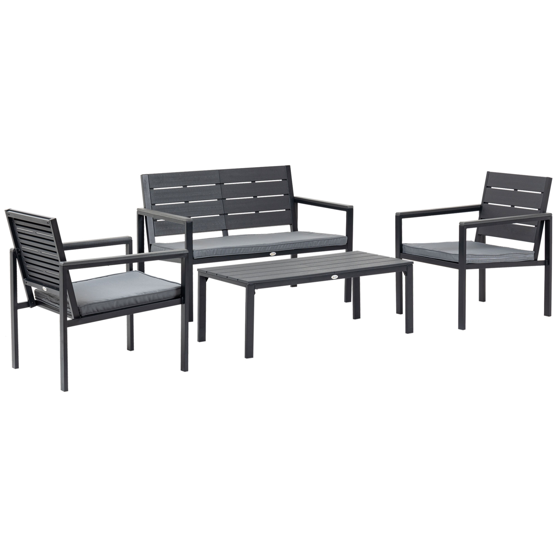 Outsunny 4 Piece Garden Sofa Set with Padded Cushions, HDPE Outdoor Conversation Furniture Set with Wood Grain Coffee Table, Steel Frame Grey - Sudd