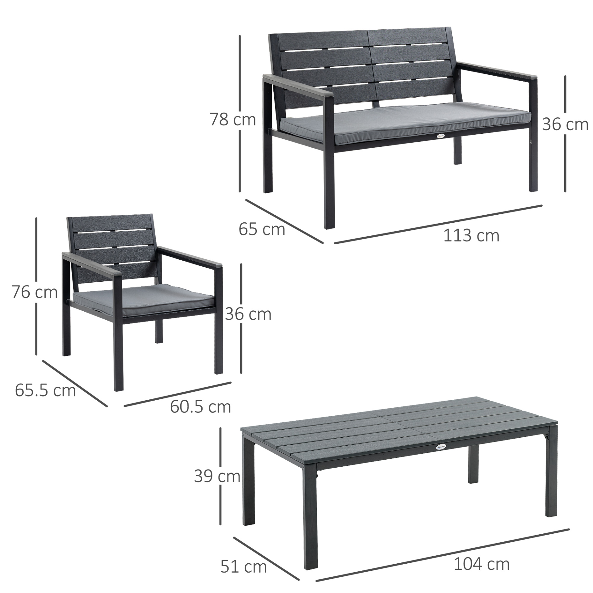 Outsunny 4 Piece Garden Sofa Set with Padded Cushions, HDPE Outdoor Conversation Furniture Set with Wood Grain Coffee Table, Steel Frame Grey - Sudd