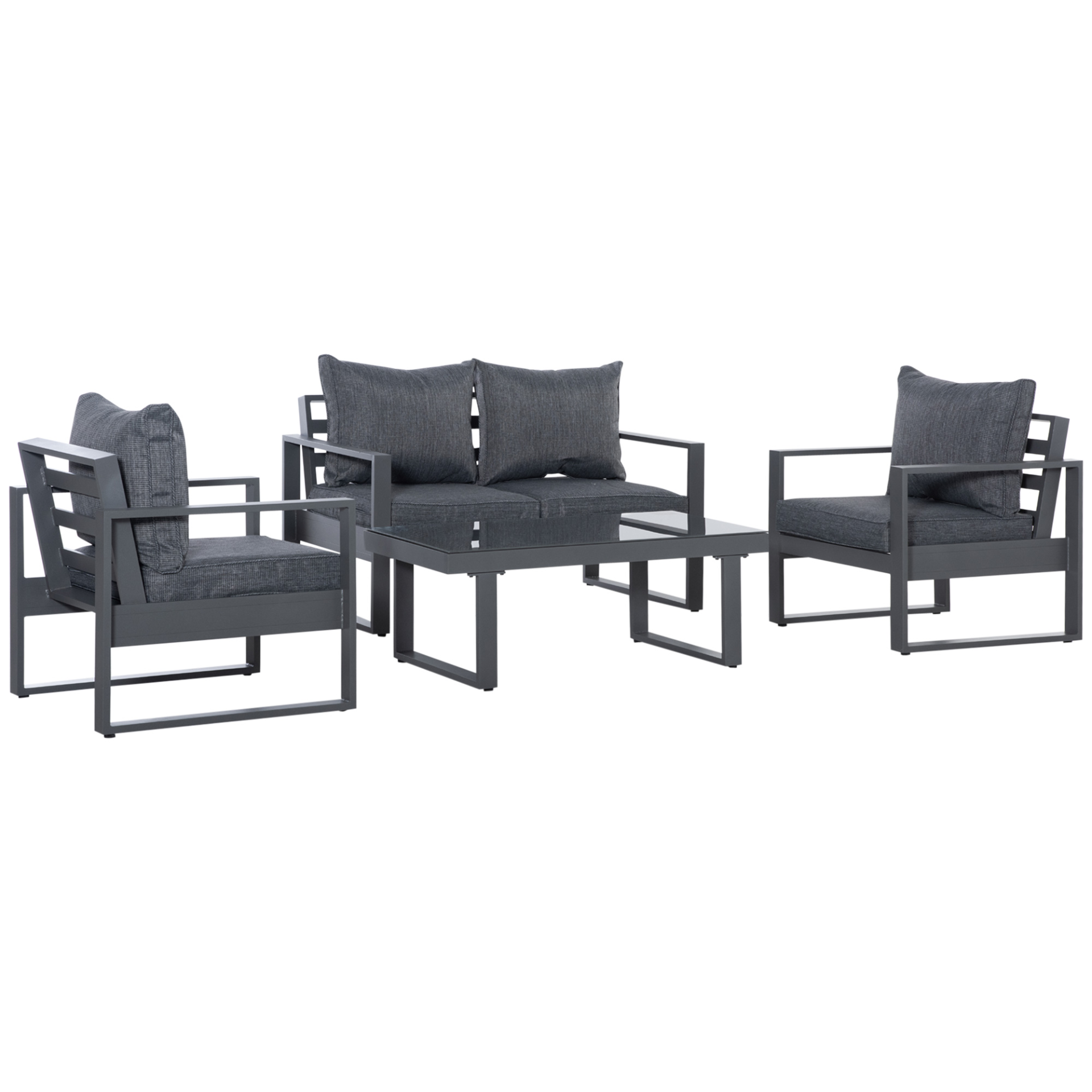 Outsunny 4 Piece Aluminium Garden Sofa Set with Coffee Table, Outdoor Furniture Set with Padded Cushions & Olefin Cover, Dark Grey - Sudd