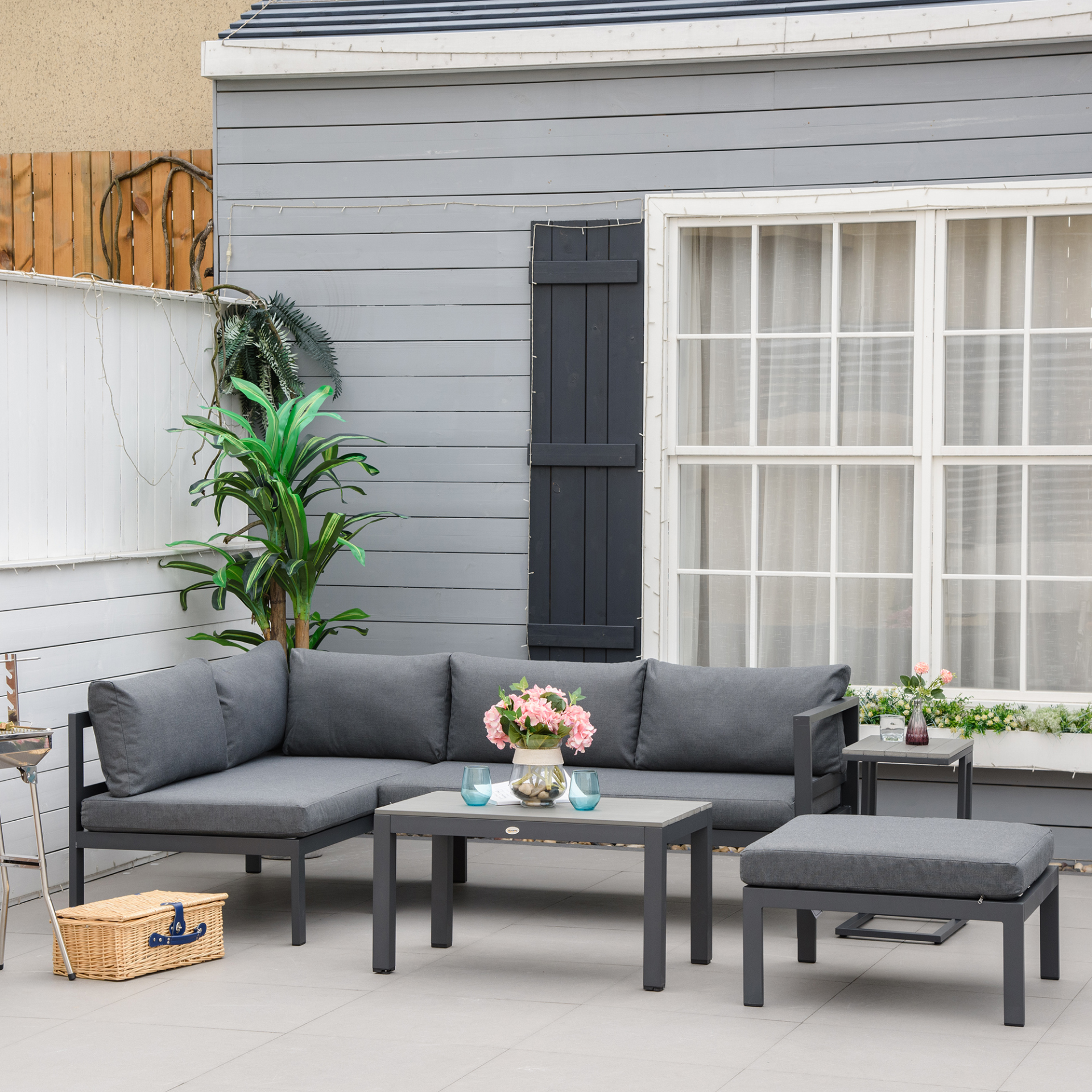 Outsunny 5-Piece L-shaped Garden Furniture Set, Aluminium Conversation Set, Corner Sofa Set with Coffee Table End Table Cushions, Grey Frame - Sudd