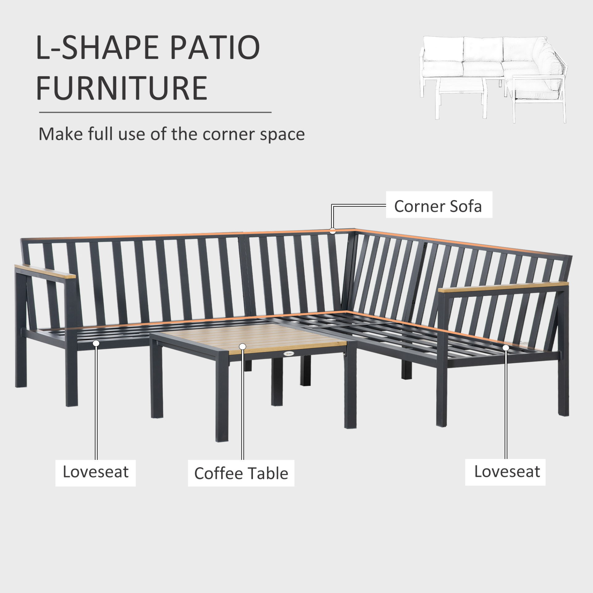 Outsunny 5 Seater L Shape Aluminium Garden Furniture Corner Sofa Set with Coffee Table, Outdoor Conversation Furniture Set with Padded Cushions, Dark Grey - Sudd