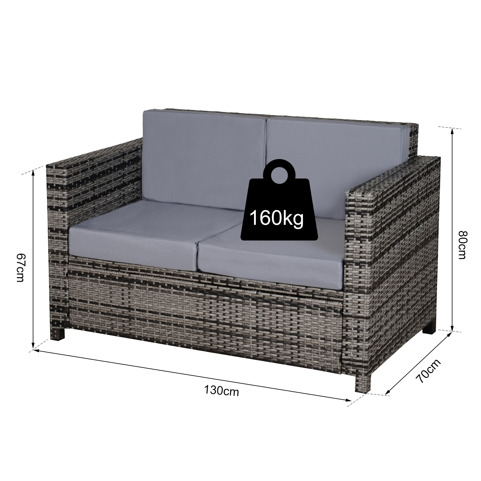 Outsunny Rattan 2 Seater Sofa Chair All-Weather Wicker Weave Chair Outdoor Garden Patio Furniture - Grey - Sudd