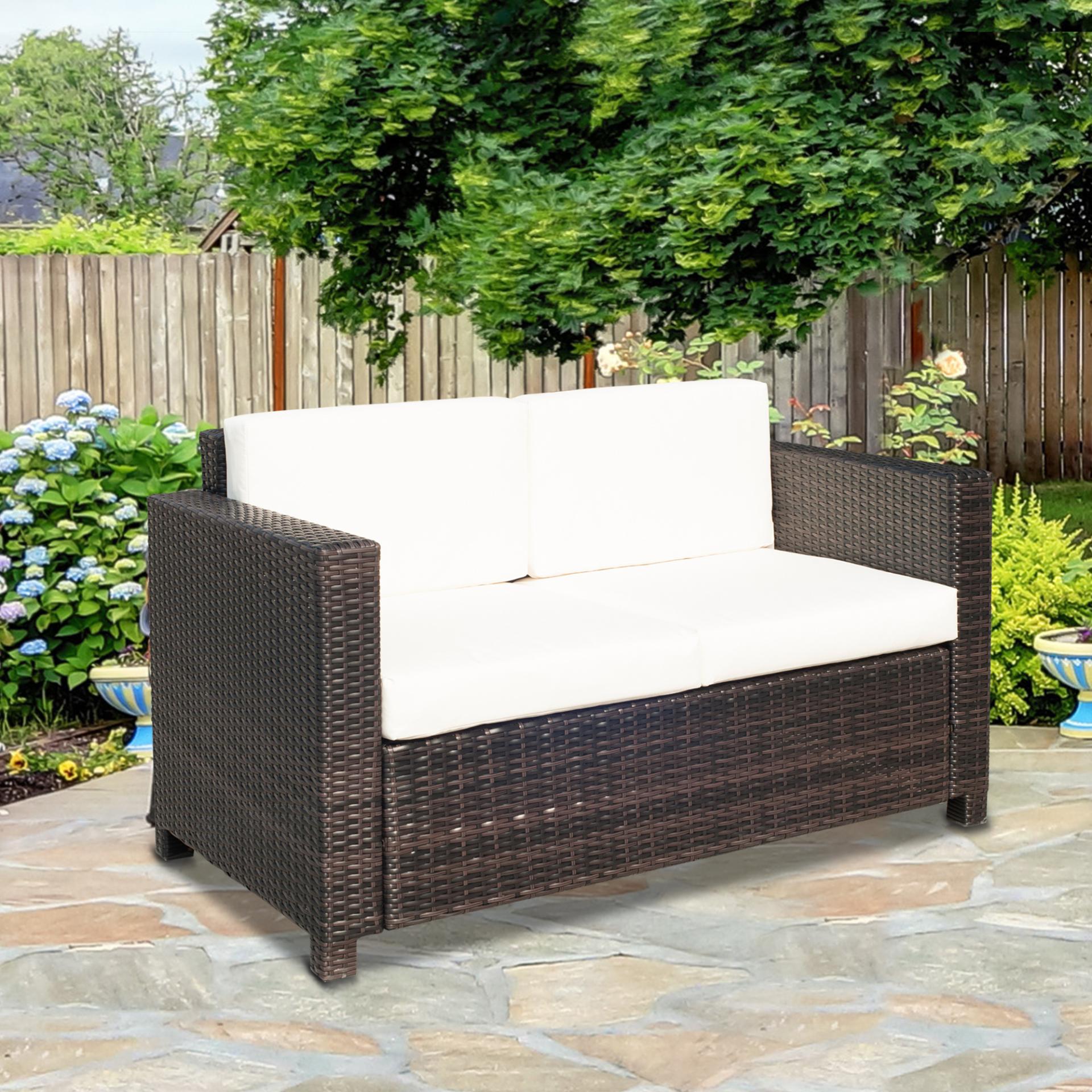 Outsunny Wicker 2 Seater Rattan Sofa Outdoor Garden Wicker Weave Furniture Patio 2-Seater Double Couch Loveseat Brown - Sudd