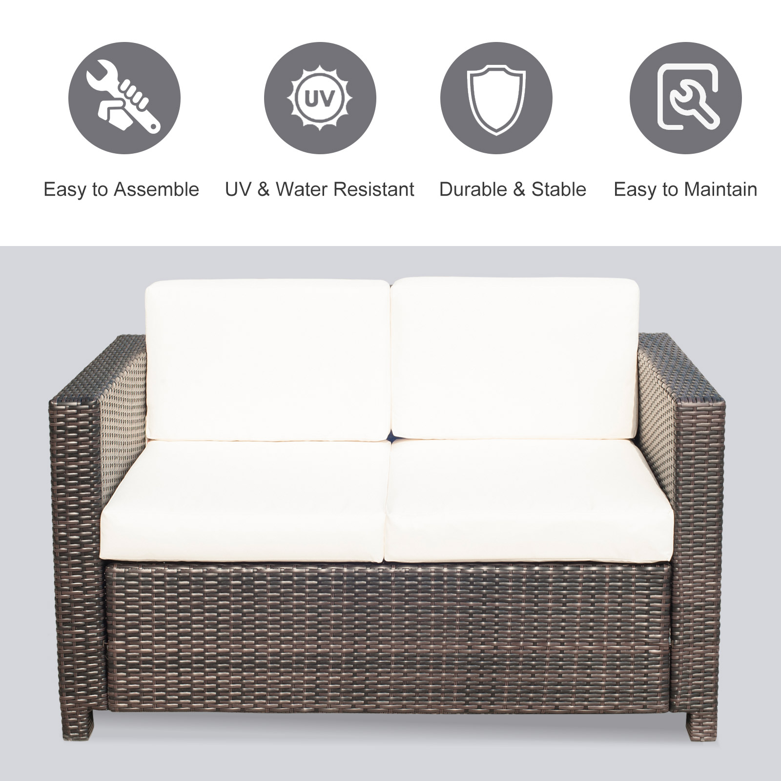 Outsunny Wicker 2 Seater Rattan Sofa Outdoor Garden Wicker Weave Furniture Patio 2-Seater Double Couch Loveseat Brown - Sudd