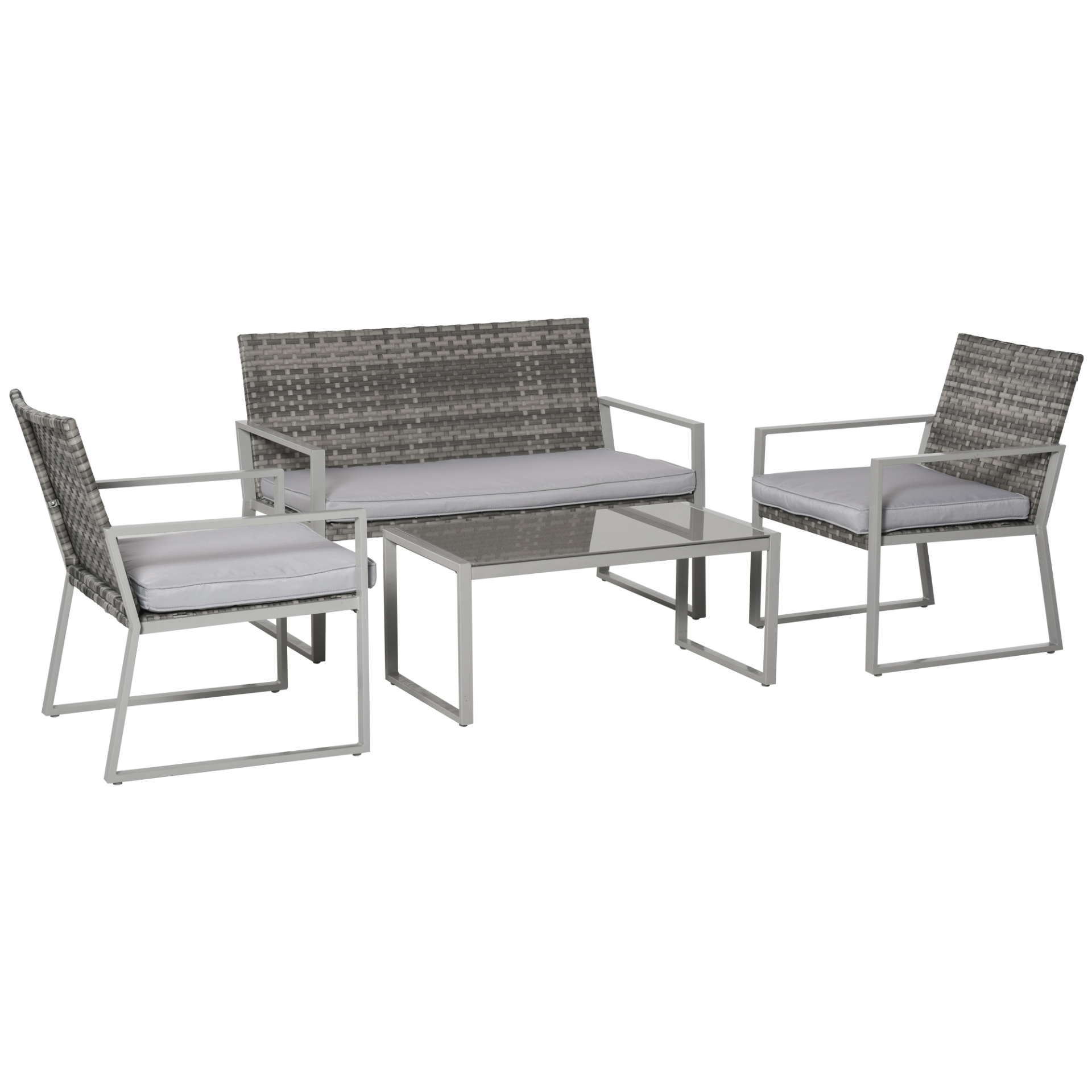 Outsunny 4PC Rattan Garden Furniture Set 2 Single Sofa Arm Chairs 1 Bench with Cushions & Coffee Table Patio Backyard Wicker Weave - Sudd