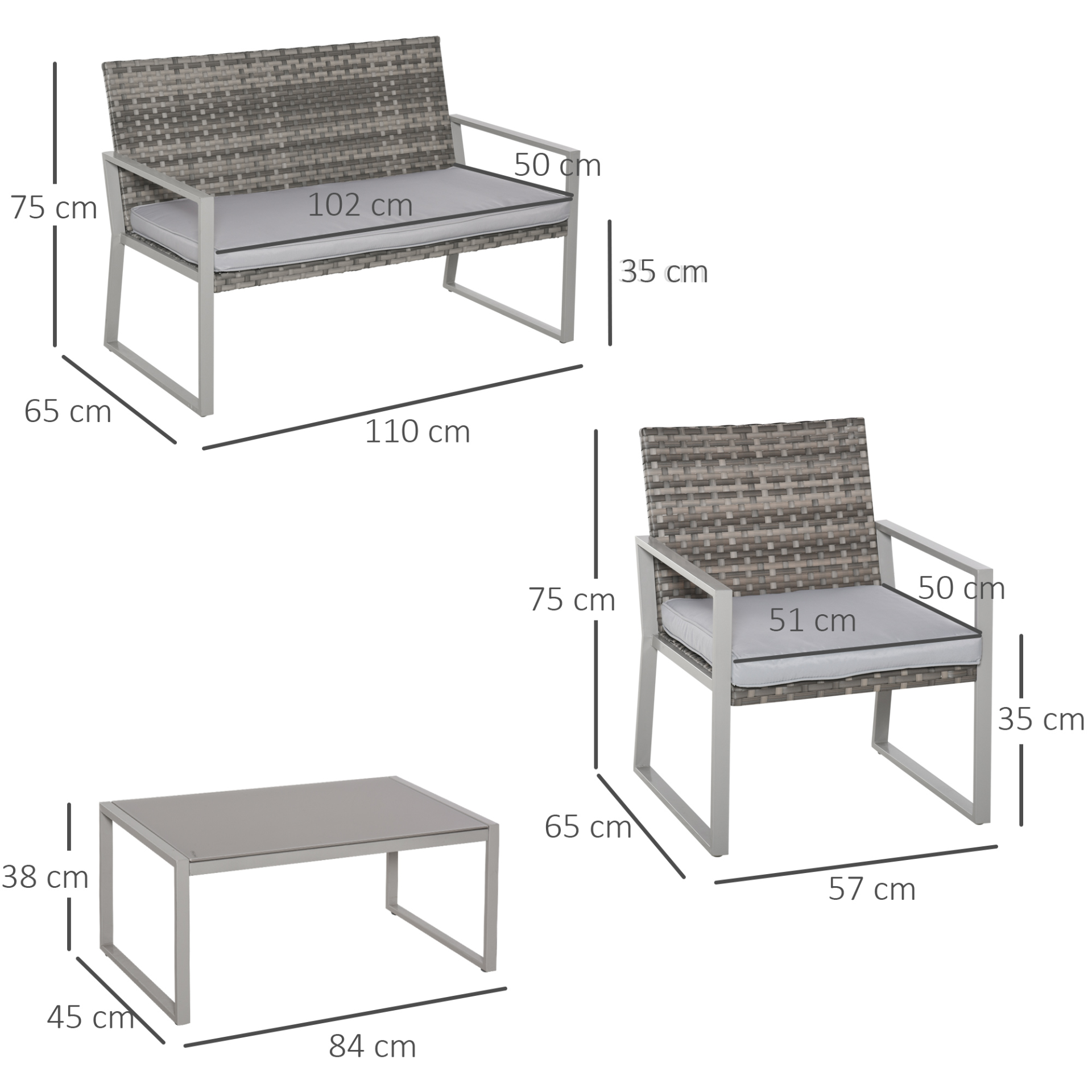 Outsunny 4PC Rattan Garden Furniture Set 2 Single Sofa Arm Chairs 1 Bench with Cushions & Coffee Table Patio Backyard Wicker Weave - Sudd