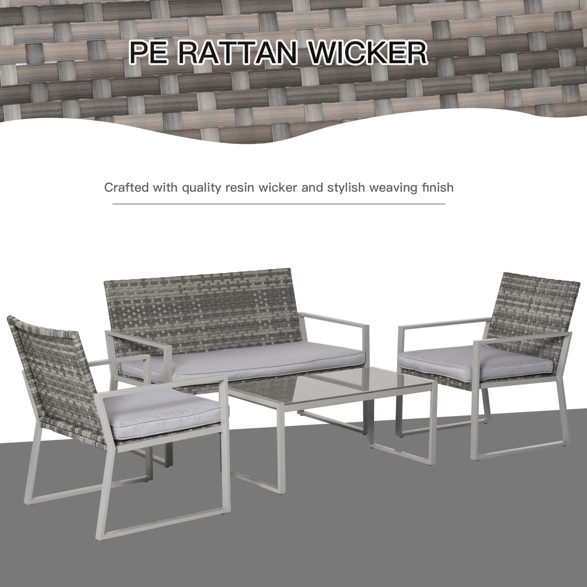 Outsunny 4PC Rattan Garden Furniture Set 2 Single Sofa Arm Chairs 1 Bench with Cushions & Coffee Table Patio Backyard Wicker Weave - Sudd