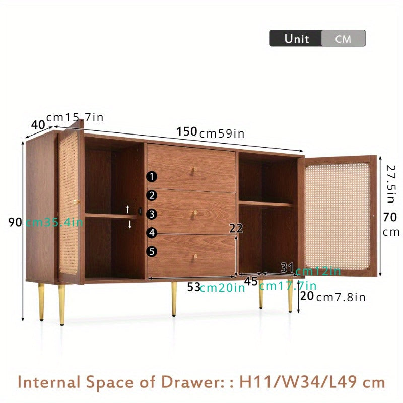 Walnut Rattan Sideboard