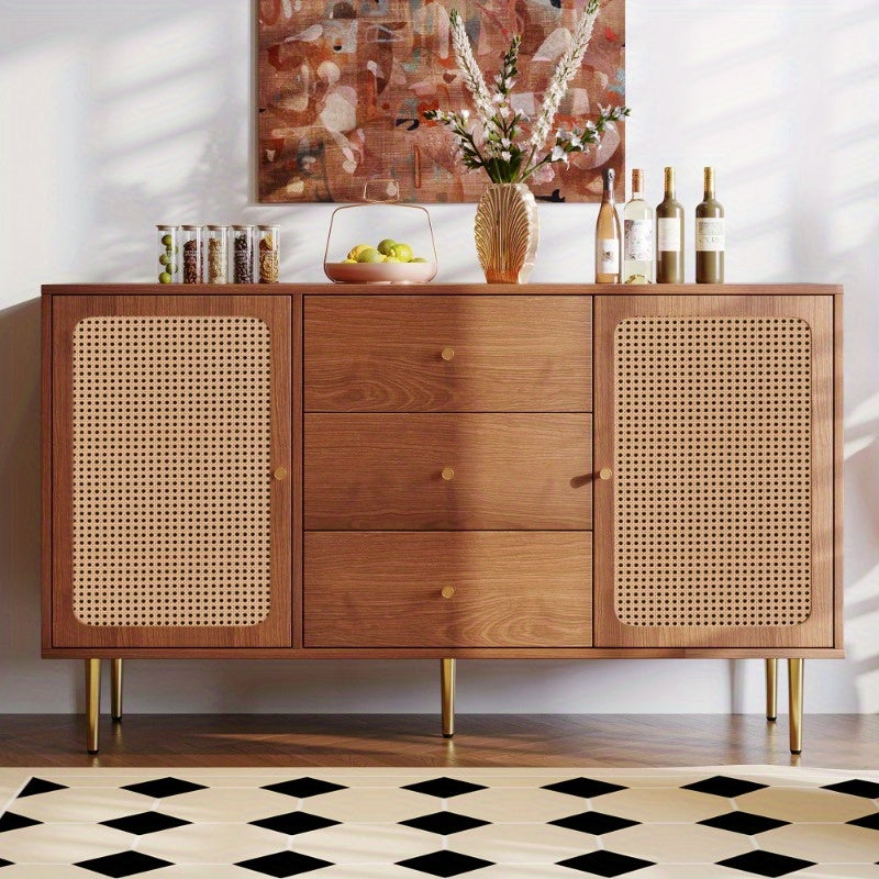 Walnut Rattan Sideboard