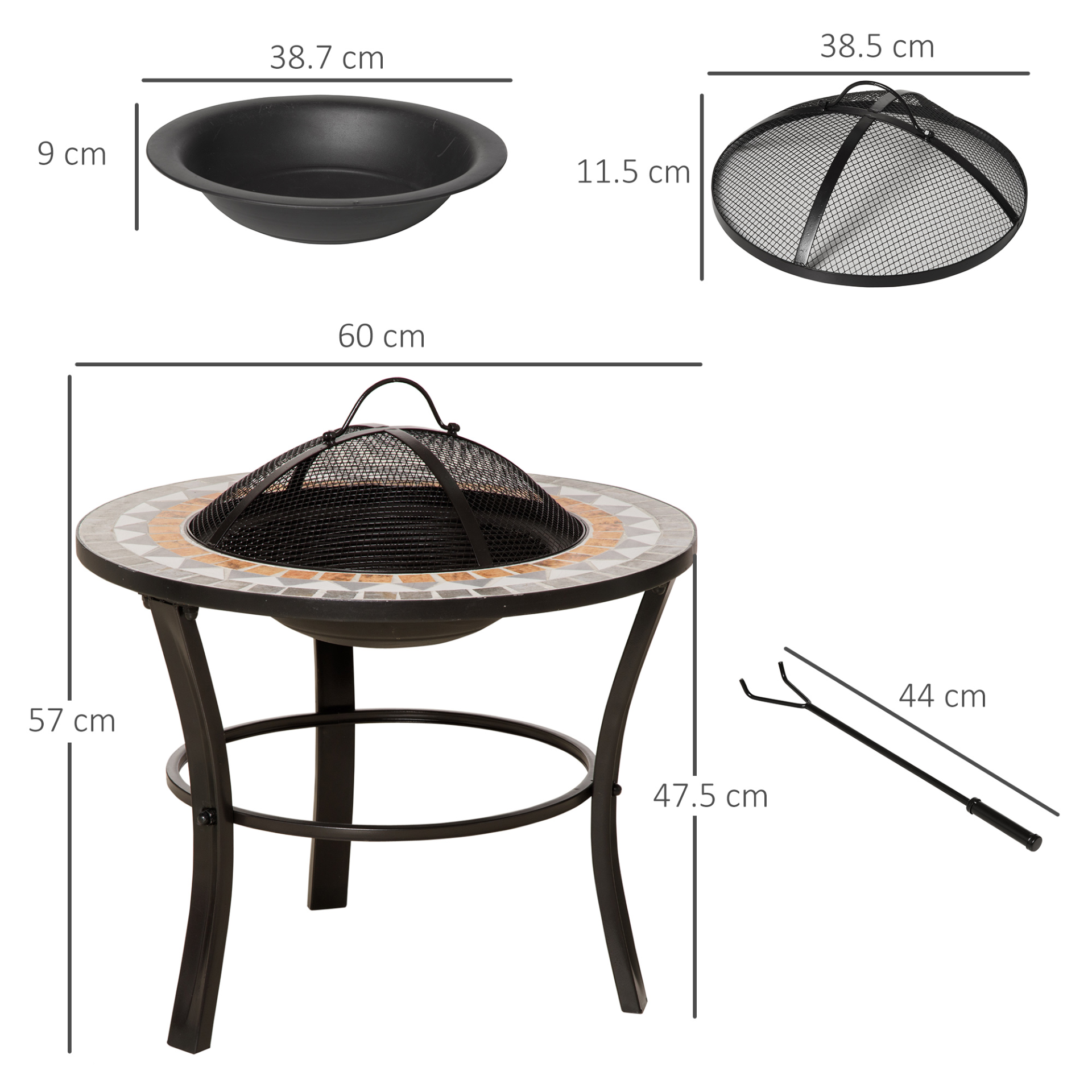 Outsunny 60cm Outdoor Fire Pit Table with Mosaic Outer, Round Firepit with Spark Screen Cover, Fire Poker for Garden Bonfire Party - Sudd