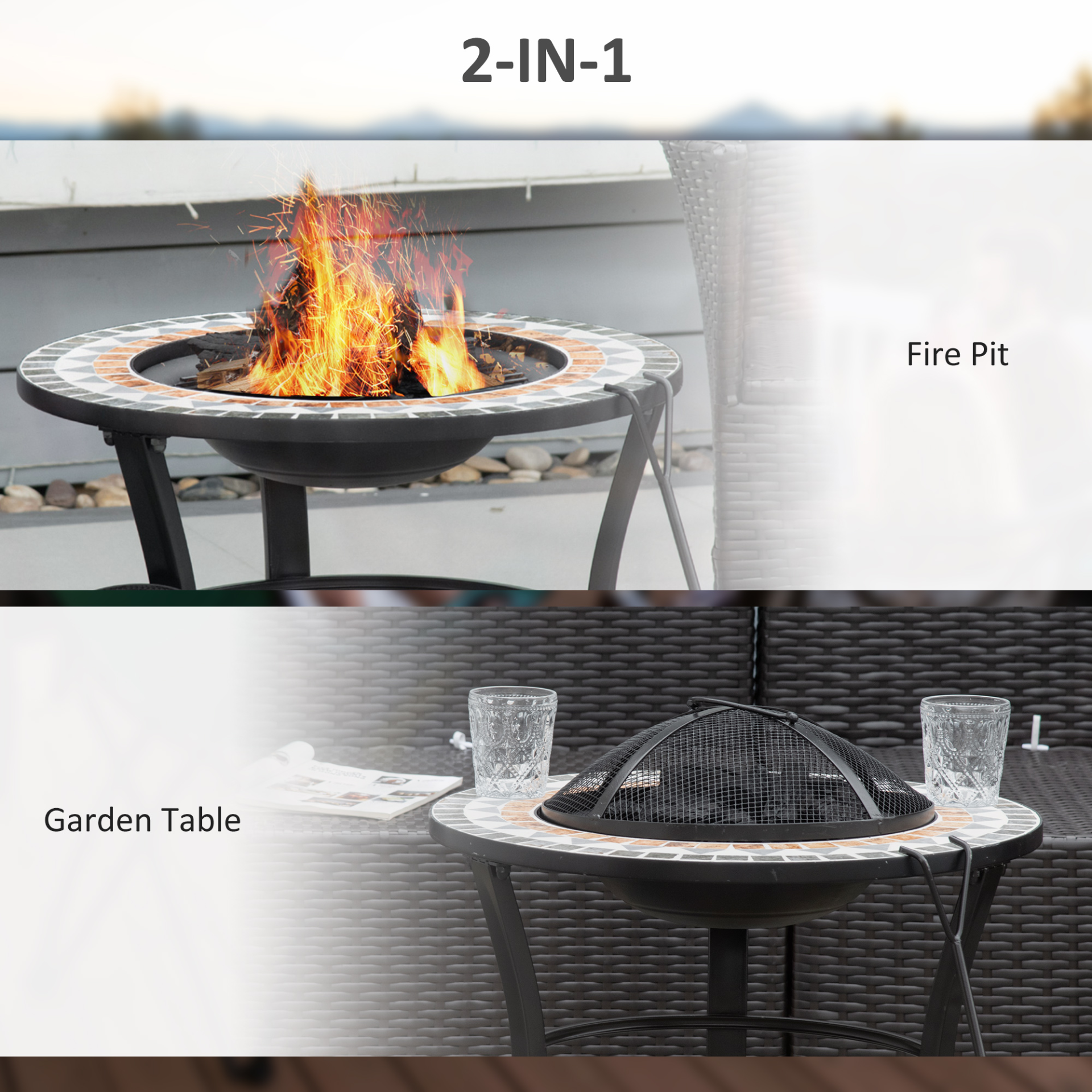 Outsunny 60cm Outdoor Fire Pit Table with Mosaic Outer, Round Firepit with Spark Screen Cover, Fire Poker for Garden Bonfire Party - Sudd