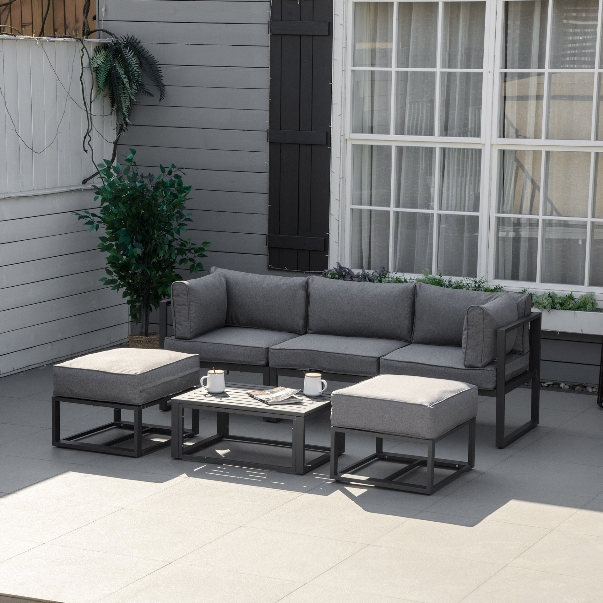 Outsunny Garden Daybed, 6 Piece Outdoor Sectional Sofa Set, Aluminum Patio Conversation Furniture Set with Coffee Table, Footstool and Cushions, Grey - Sudd