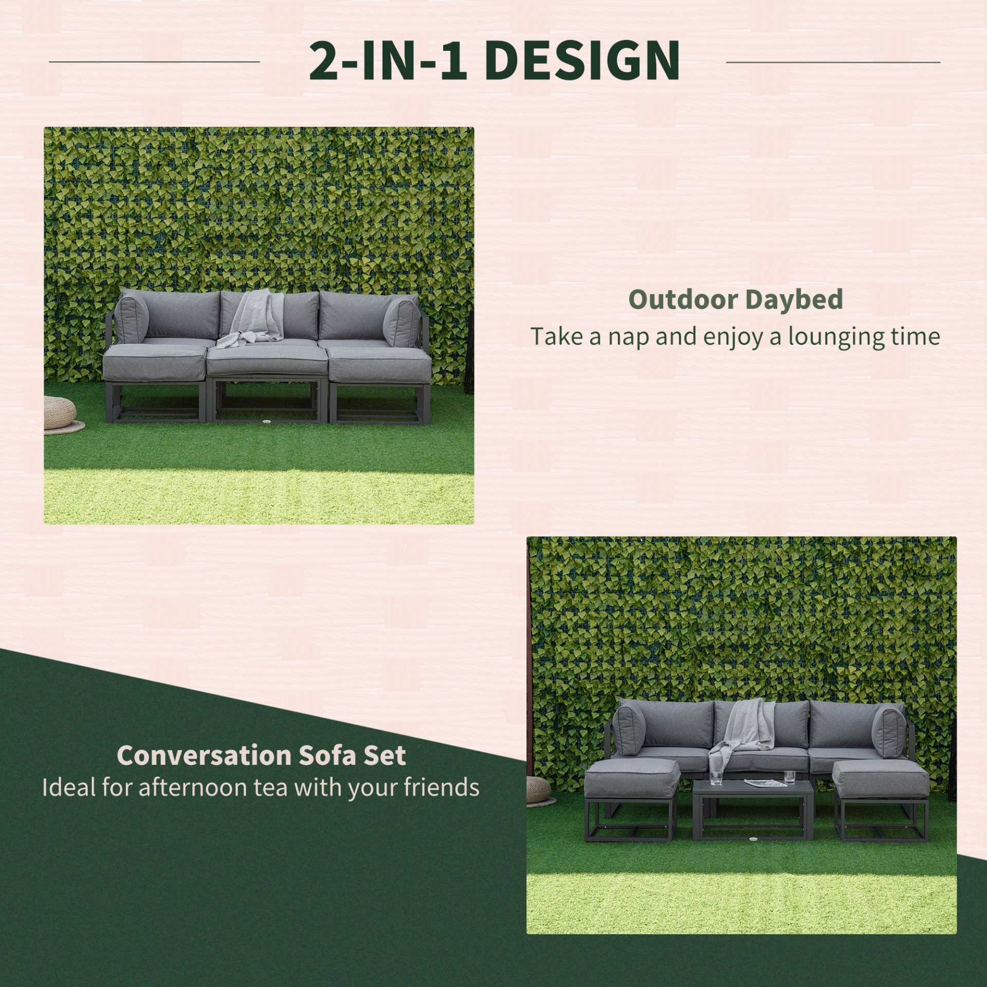 Outsunny Garden Daybed, 6 Piece Outdoor Sectional Sofa Set, Aluminum Patio Conversation Furniture Set with Coffee Table, Footstool and Cushions, Grey - Sudd