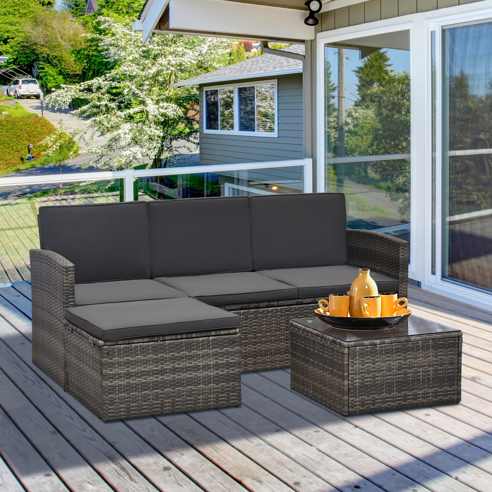 Outsunny Rattan Garden Furniture Outdoor Patio 4 Seater Corner Sofa and Coffee Table Set Footstool with Thick Cushions Grey - Sudd