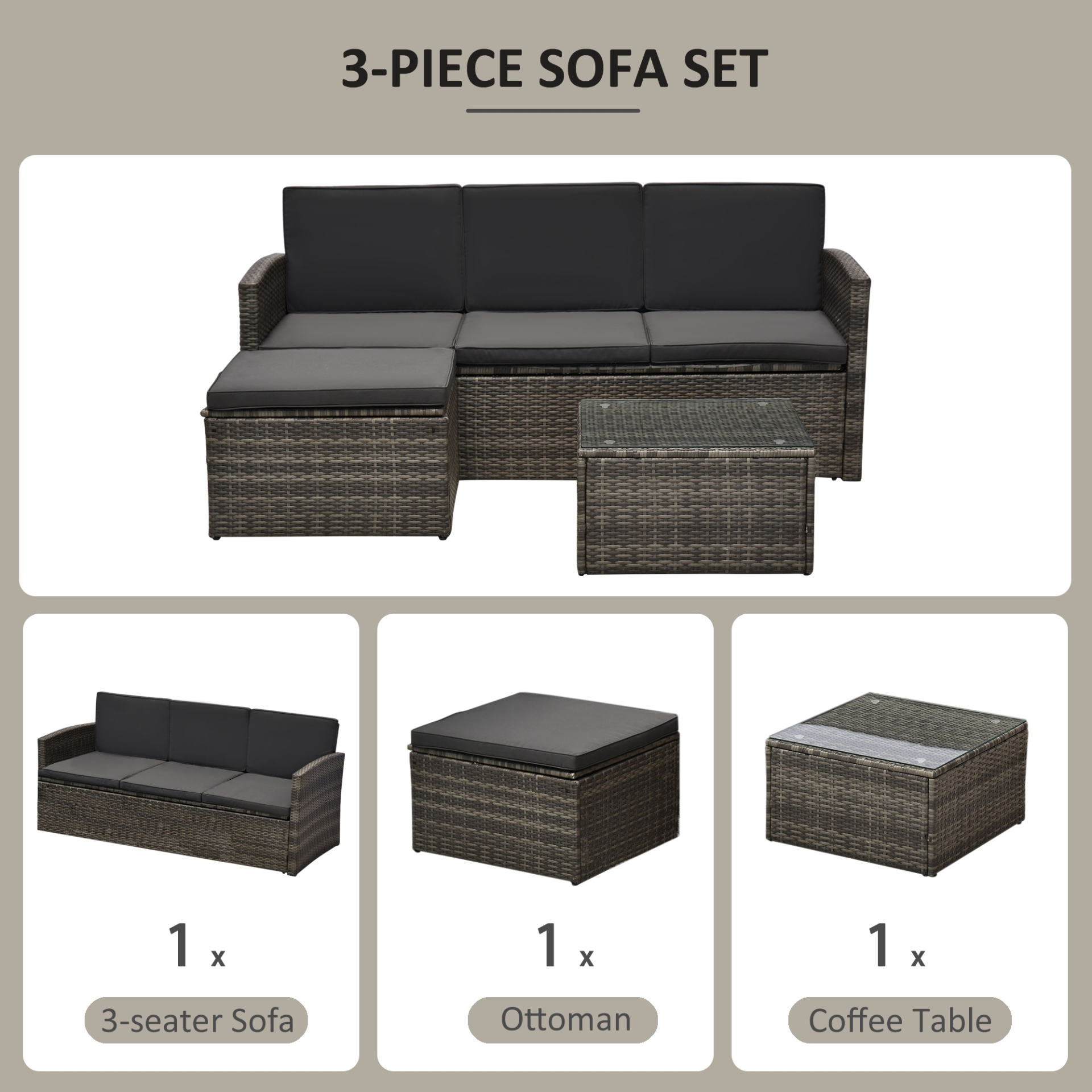 Outsunny Rattan Garden Furniture Outdoor Patio 4 Seater Corner Sofa and Coffee Table Set Footstool with Thick Cushions Grey - Sudd