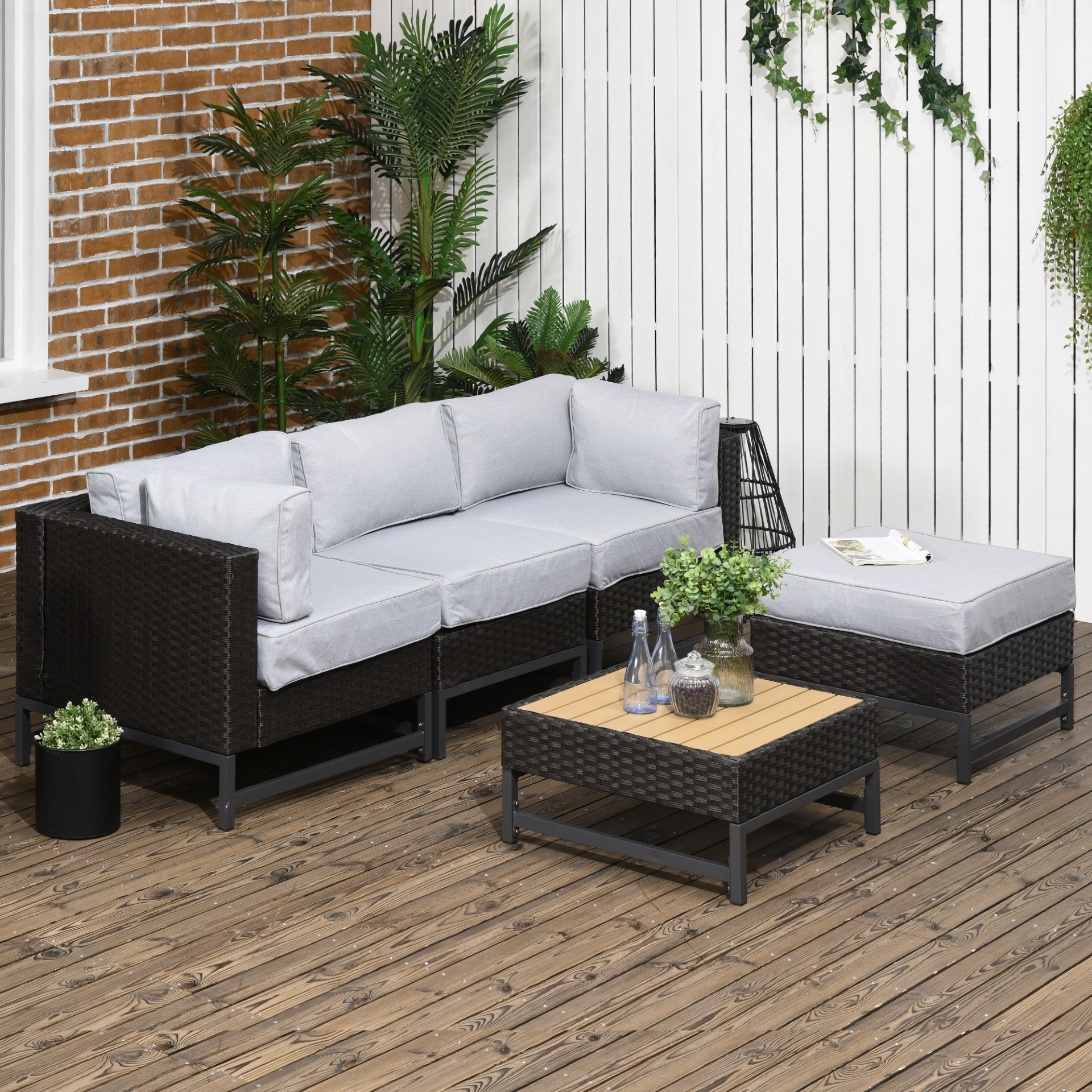 Outsunny 5 Piece Outdoor Rattan Garden Furniture Set w/ Thick Padded Cushions and Wood-Effect Table - Sudd