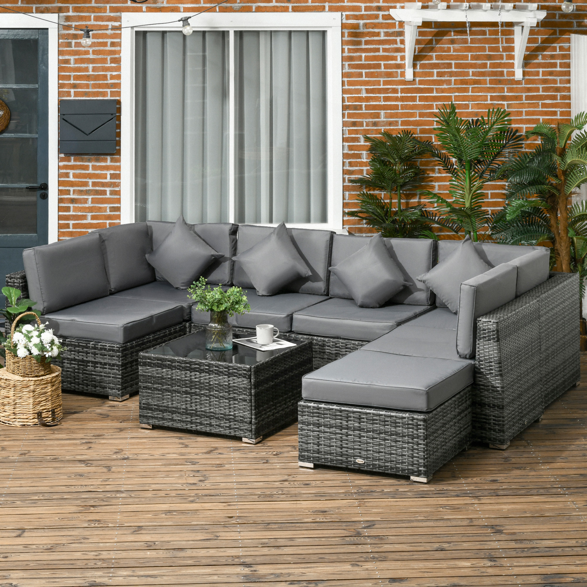 Outsunny 8 Pieces PE Rattan Corner Sofa Set, Outdoor Garden Furniture Set, Patio Wicker Sofa Seater w/ Cushion, Washable Cushion Cover & Tempered Glass Table, Grey - Sudd