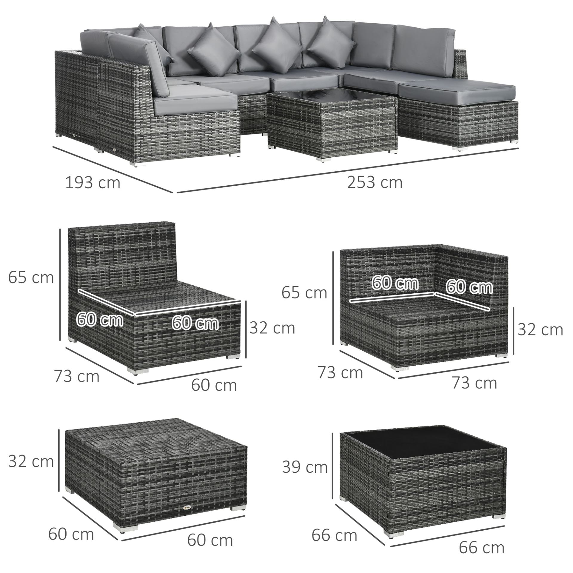 Outsunny 8 Pieces PE Rattan Corner Sofa Set, Outdoor Garden Furniture Set, Patio Wicker Sofa Seater w/ Cushion, Washable Cushion Cover & Tempered Glass Table, Grey - Sudd