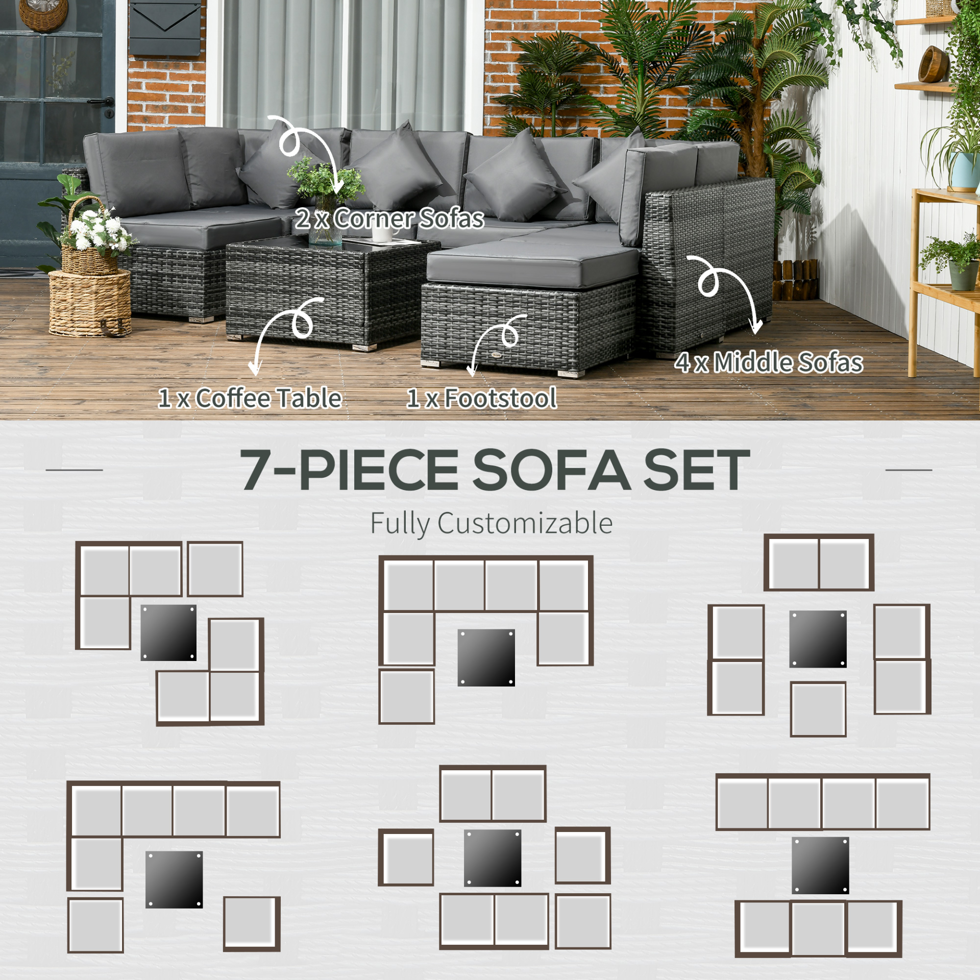 Outsunny 8 Pieces PE Rattan Corner Sofa Set, Outdoor Garden Furniture Set, Patio Wicker Sofa Seater w/ Cushion, Washable Cushion Cover & Tempered Glass Table, Grey - Sudd