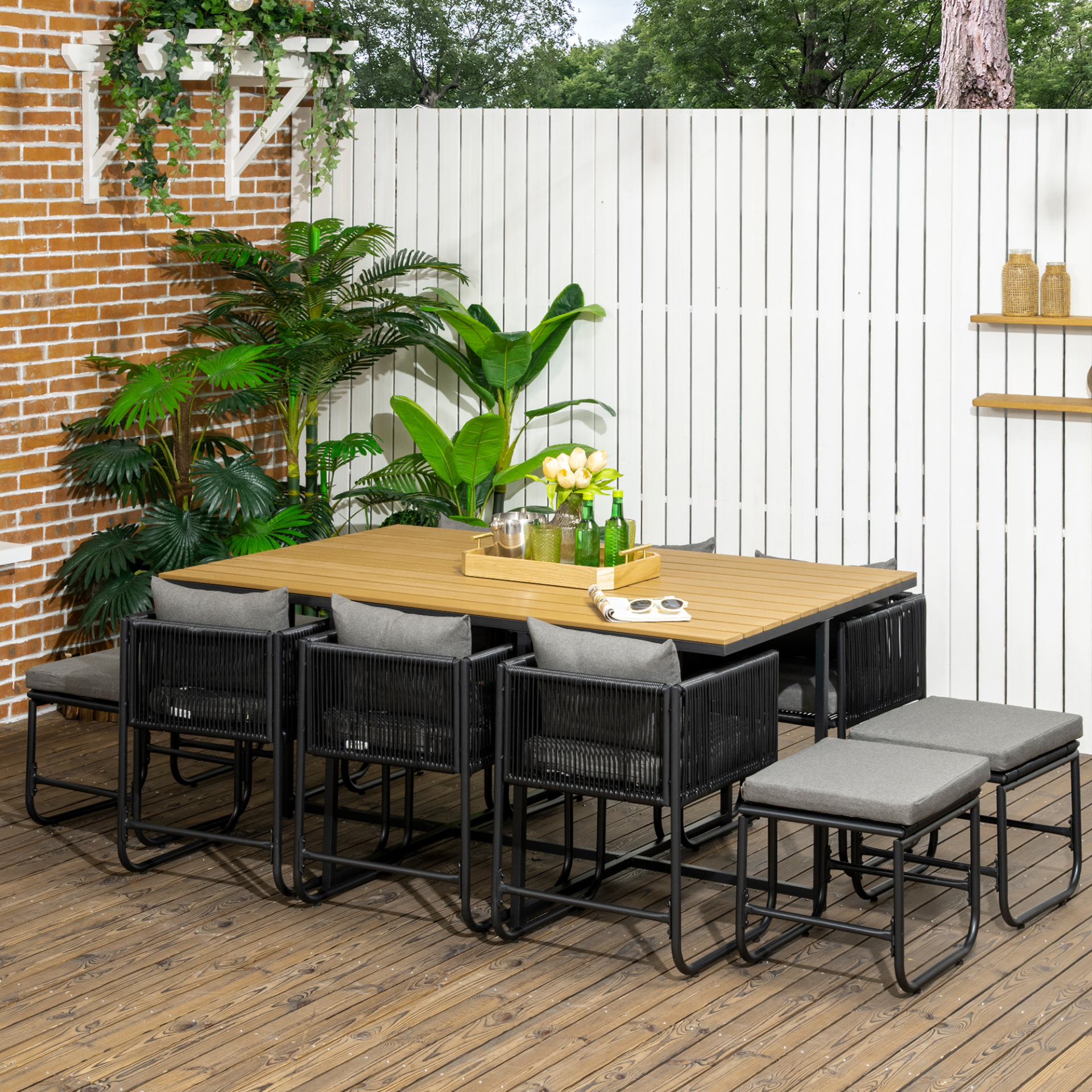 Outsunny Patio 11 PCs PE Rattan Dining Set, Garden Round Wicker 10-seater Table & Chair Sets, with Wood Grain Plastic Top, Space-saving Design, for Indoor & Outdoor, Black - Sudd