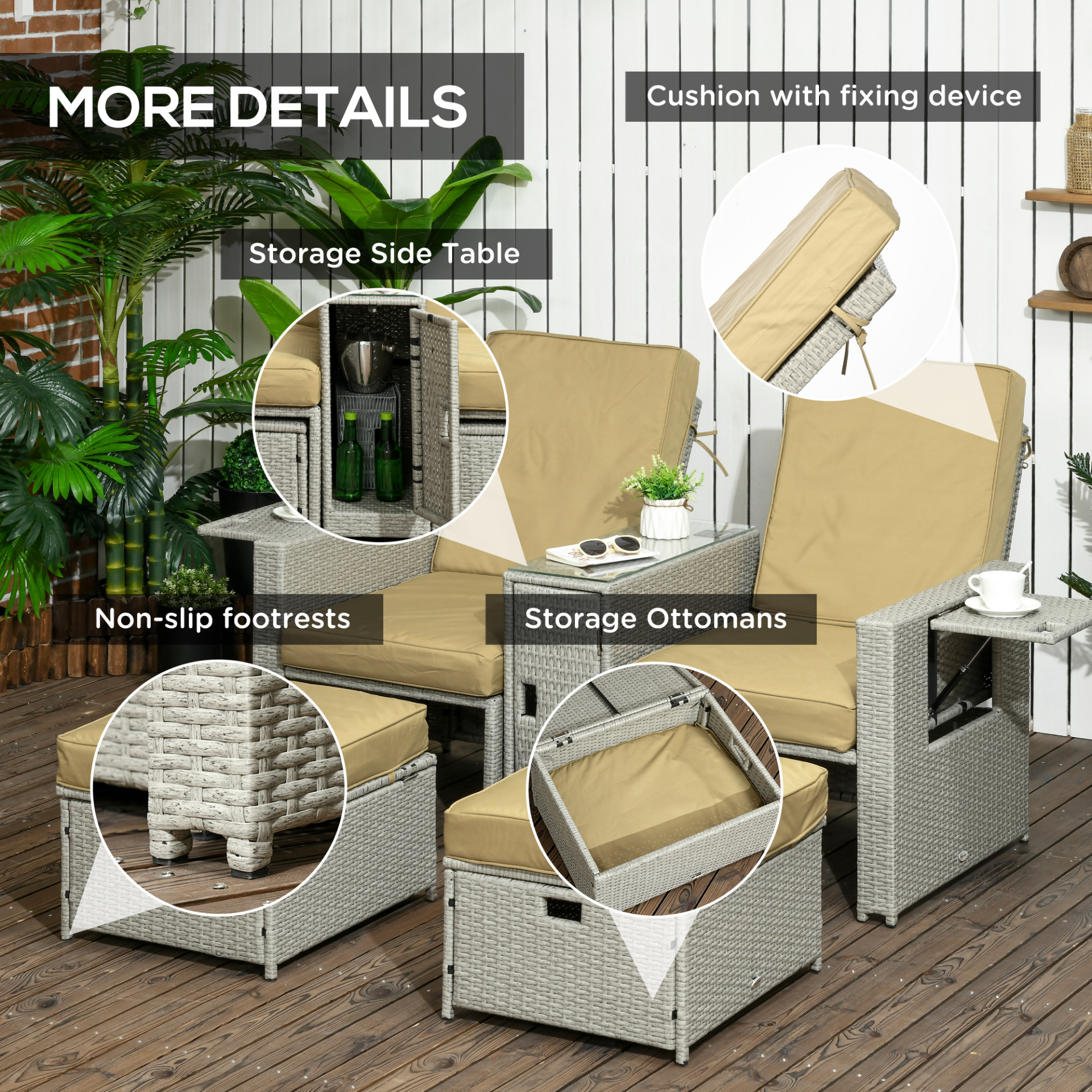 Outsunny 5PC PE Rattan Sun Lounger, Outdoor Wicker 5-level Adjustable Recliner Sofa Bed with Storage Side Table and Footstools, for Patio, Garden, Poolside, Beige - Sudd