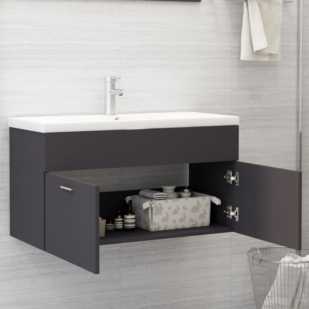 vidaXL Sink Cabinet with Built-in Basin Grey Engineered Wood - Sudd