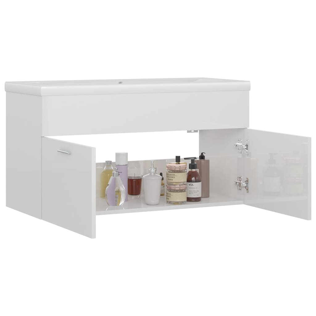 vidaXL Sink Cabinet with Built-in Basin High Gloss White Engineered Wood - Sudd