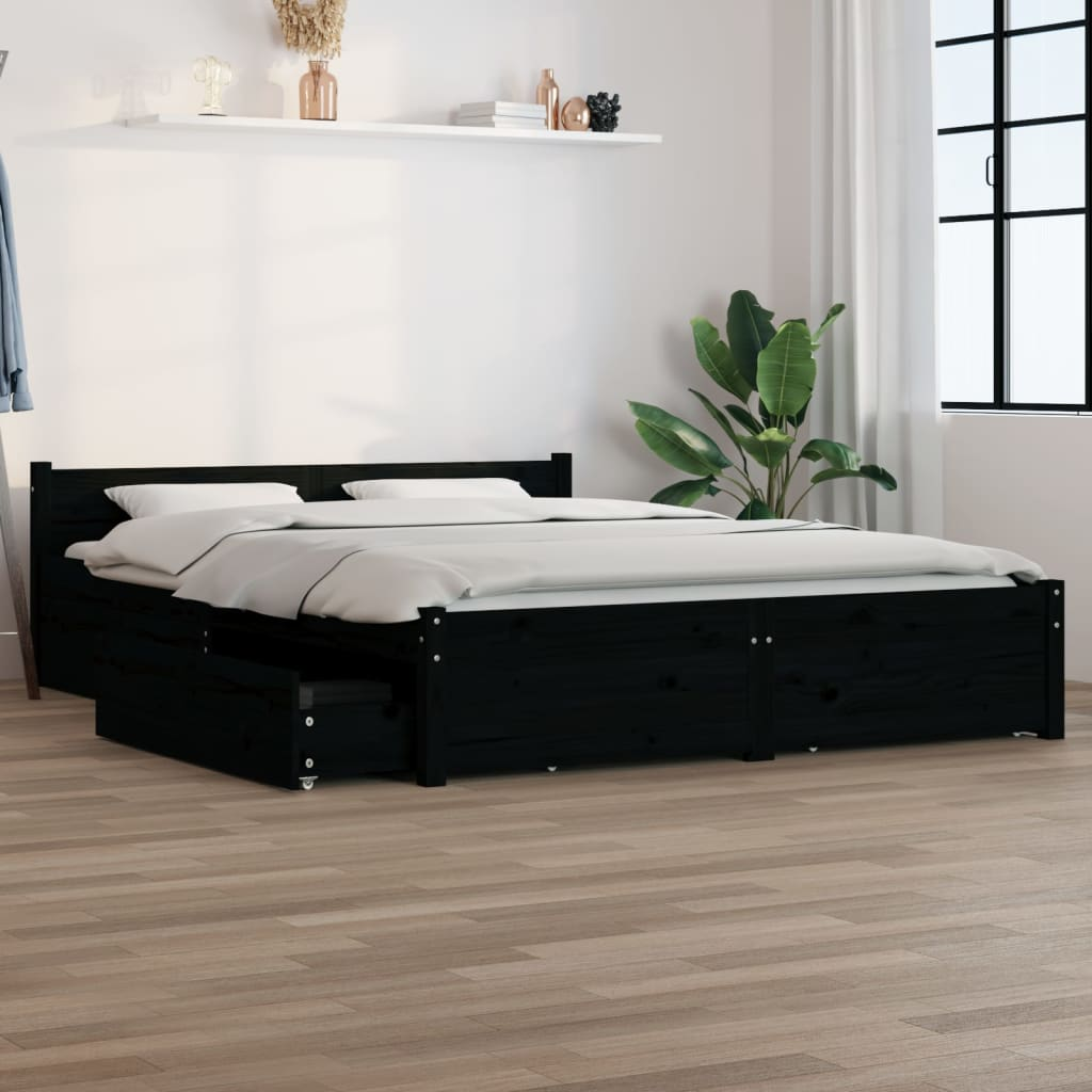 vidaXL Bed Frame with Drawers Black 150x200 cm King Size - Sudd