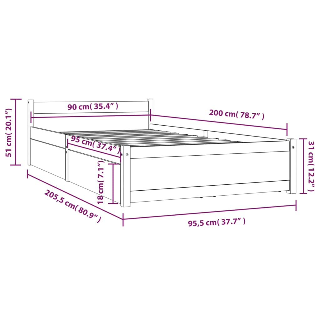 vidaXL Bed Frame with Drawers White 90x200 cm - Sudd