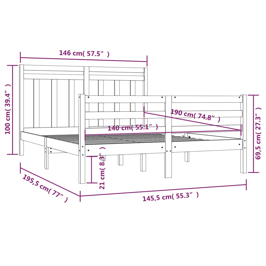 vidaXL Bed Frame Solid Wood 140x190 cm - Sudd