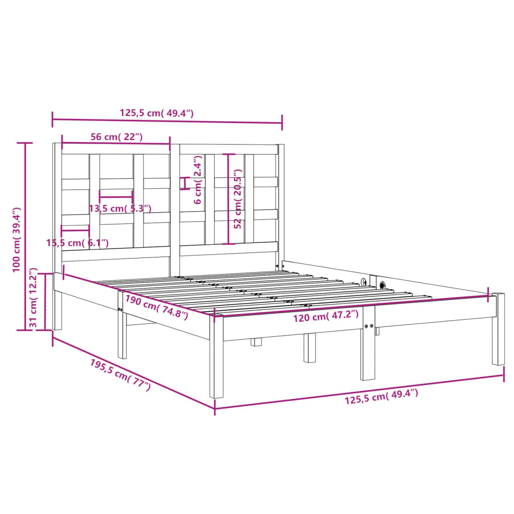 vidaXL Bed Frame Solid Wood 120x190 cm Small Double - Sudd