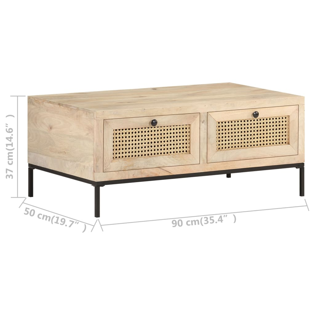 vidaXL Coffee Table 90x50x37 cm Solid Mango Wood and Natural Cane - Sudd